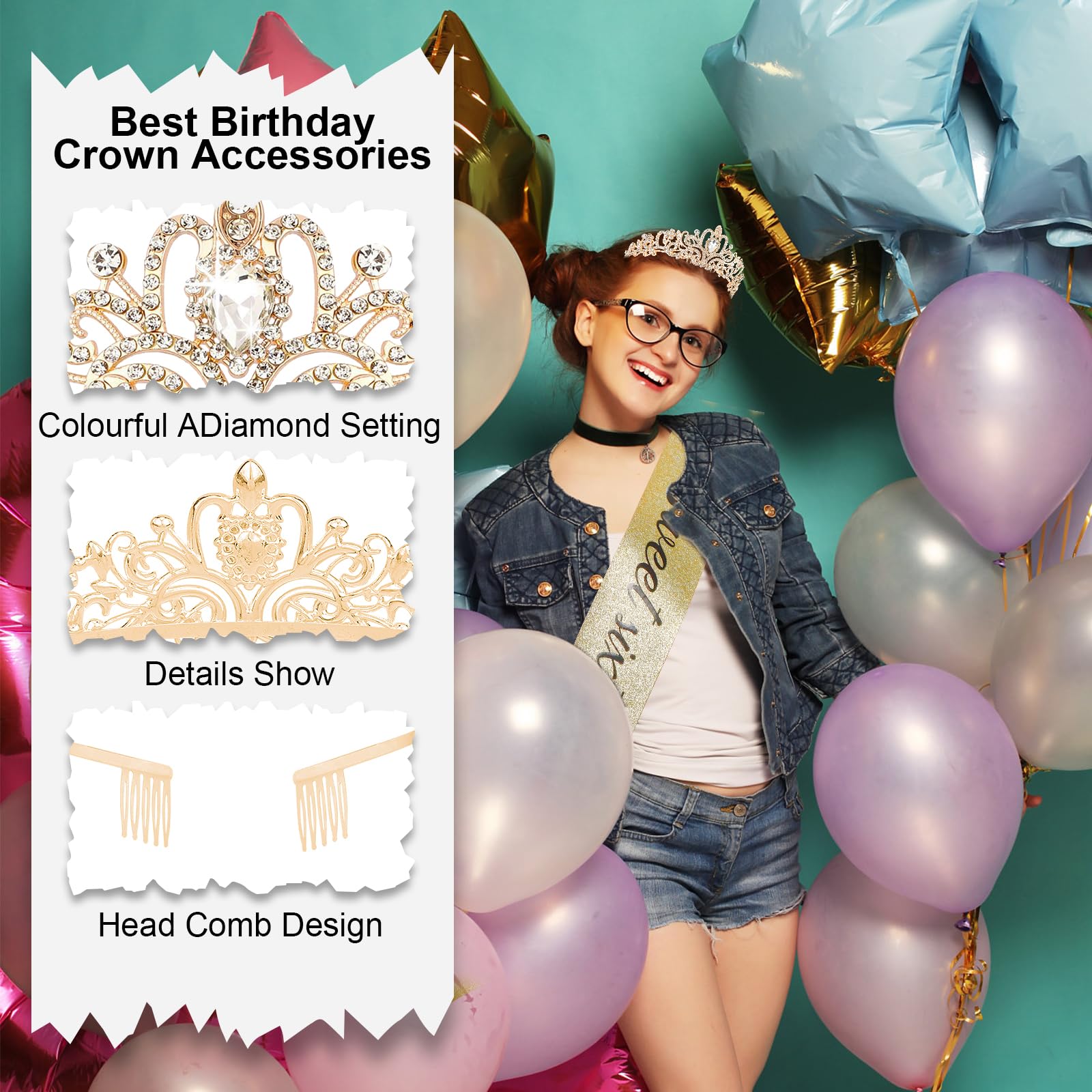 Amazon.com: Sweet 16 Sash and Birthday Crown for Girls, 16th  display picture 3