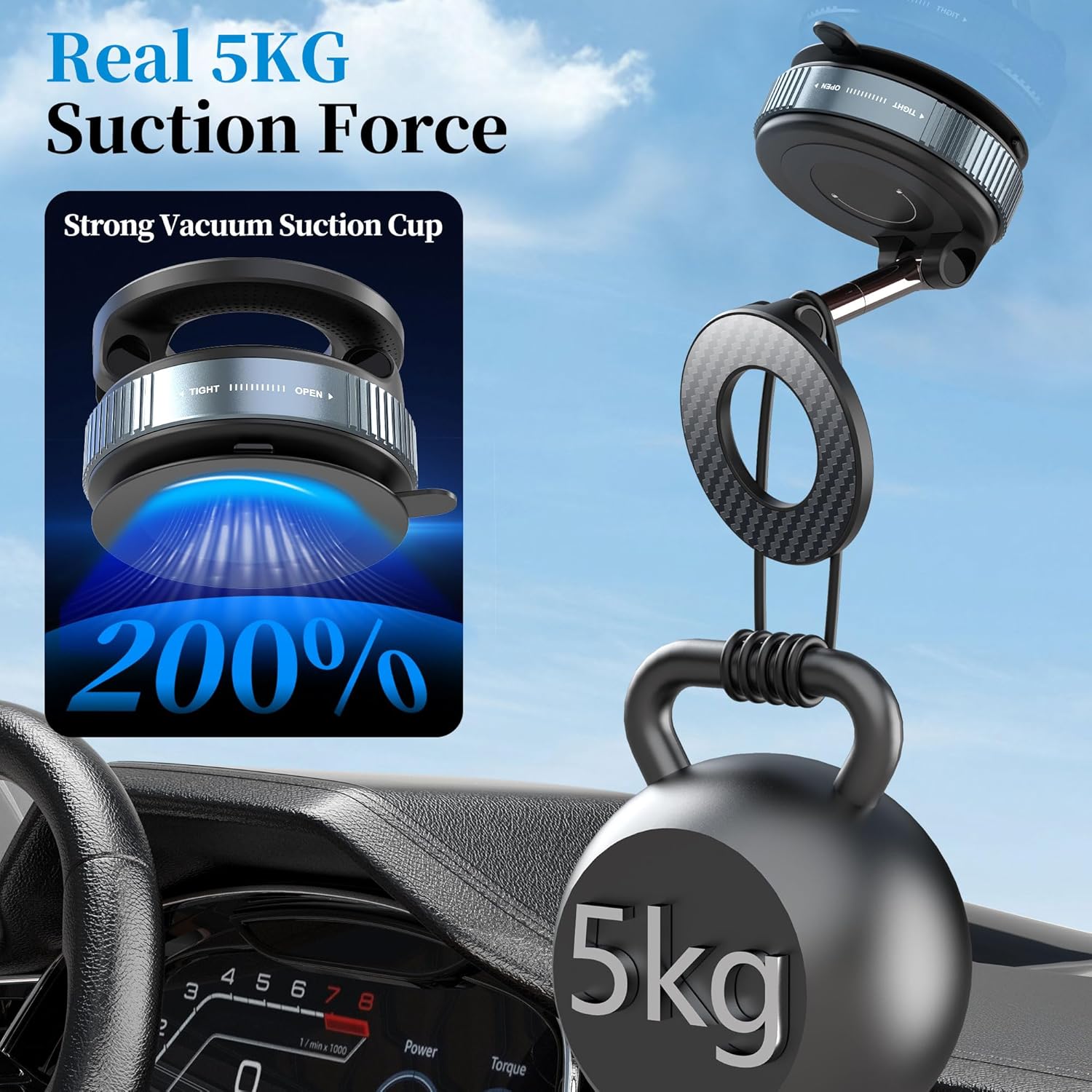 PlusAcc Vacuum Magnetic Car Phone Holder - Suction Cup Phone Mount 360° Rotatable Foldable Portable Strong Magnet Stand for iPhone 16/15/14/13 & Samsung in Gym, Mirror,Smooth Surface, All Vehicles - Image 4