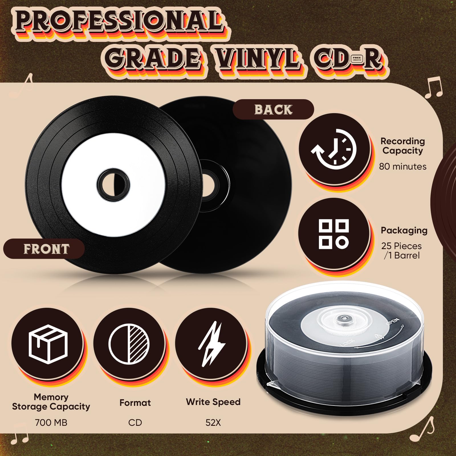 25 dischi CD-R vuoti con 25 custodie trasparenti Jewel da 700 MB, 80 minuti, 52x, registrabili, con centro stampabile a getto d'inchiostro bianco e superficie di registrazione nera, disco CD