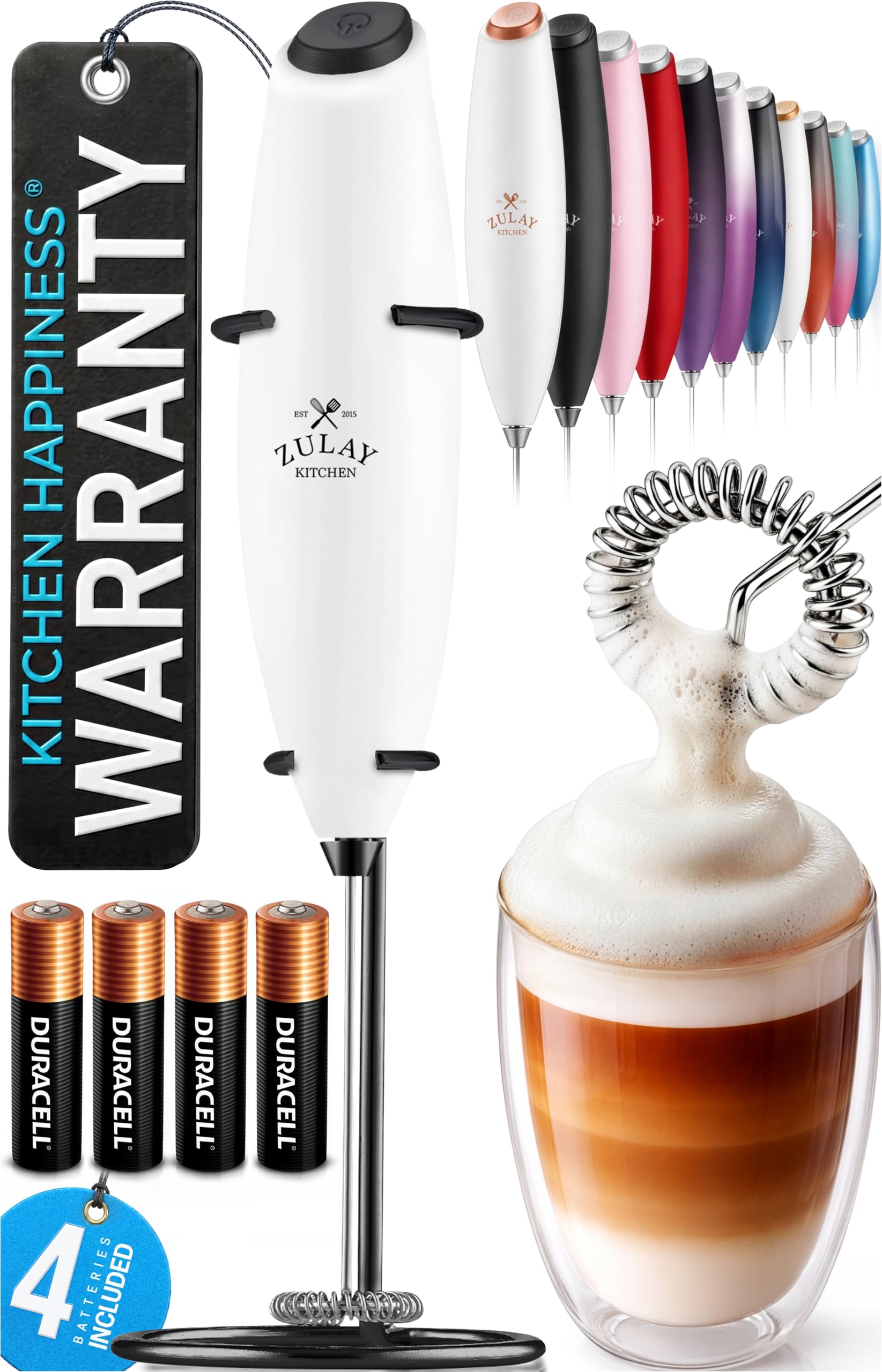 Zulay Kitchen Powerful Milk Frother Wand With Duracell Batteries - Ultra Fast Handheld Drink Mixer - Electric Whisk Foam Maker for Coffee, Lattes, Cappuccino &amp; Matcha - Z1 Motor - White &amp; Black