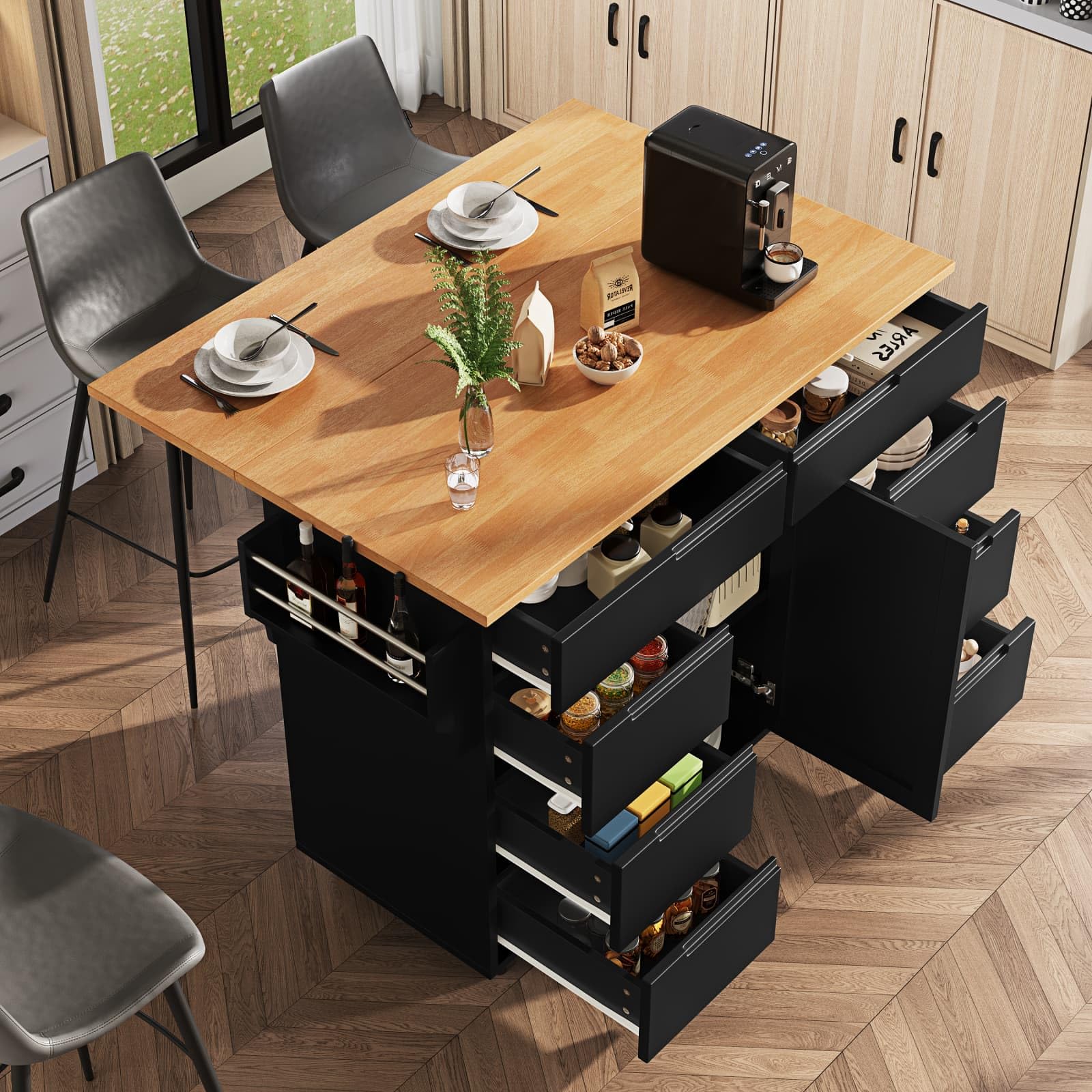 KOMHTOM ilot de Cuisine, ilot Central Cuisine, Chariot de Salle à Manger, Porte-Serviettes Latéral, Séparateurs Réglables, Plateau de Table Pliable, 2 Tiroirs, 4 Portes (Noir-7)