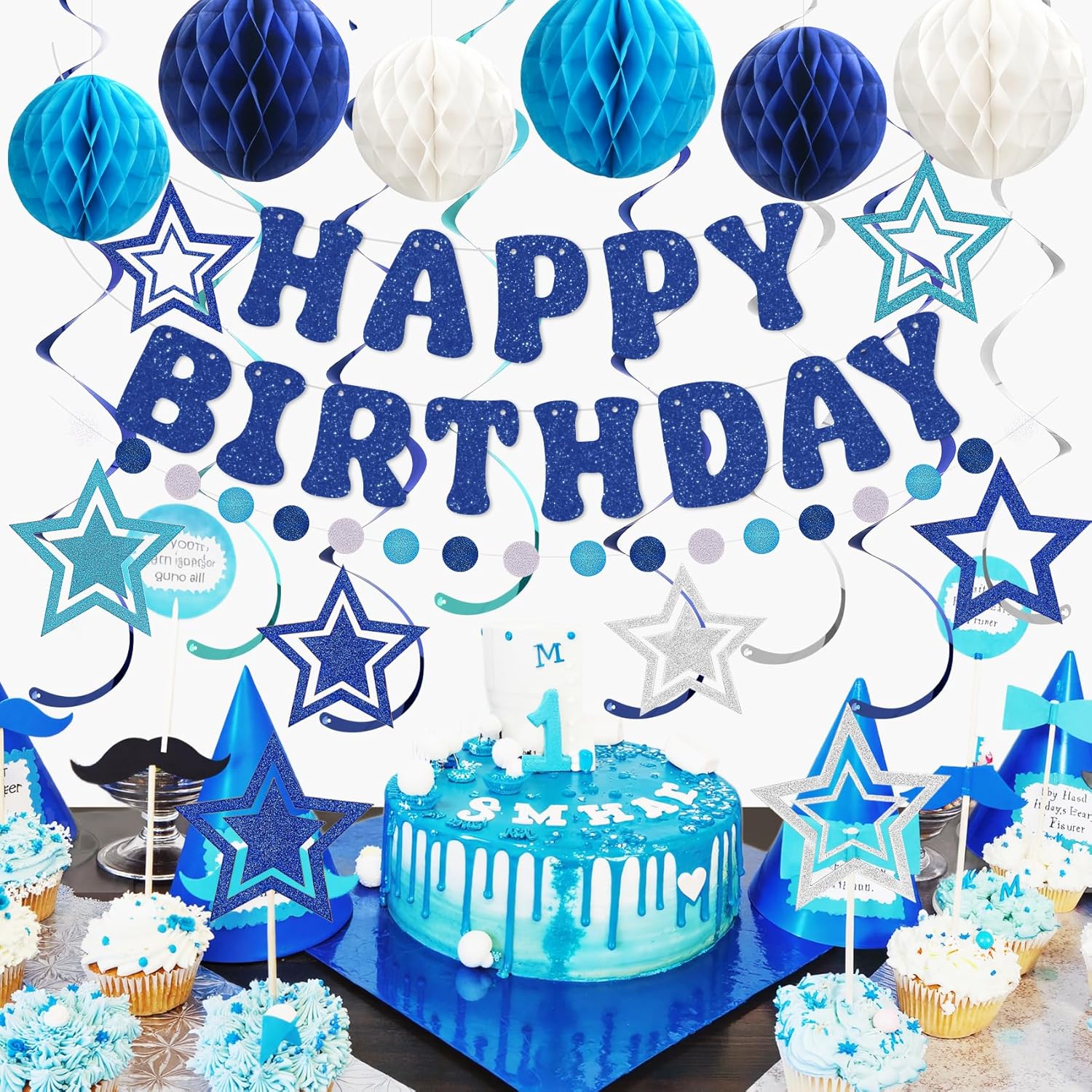 Amandir Birthday Decorations for Boys Men, Glitter Happy Birthday Banner with Honeycomb Balls, Star Hanging Swirls Streamers, Circle Dots Garland, Blue Birthday Party Decorations Supplies Girls Women - Image 7