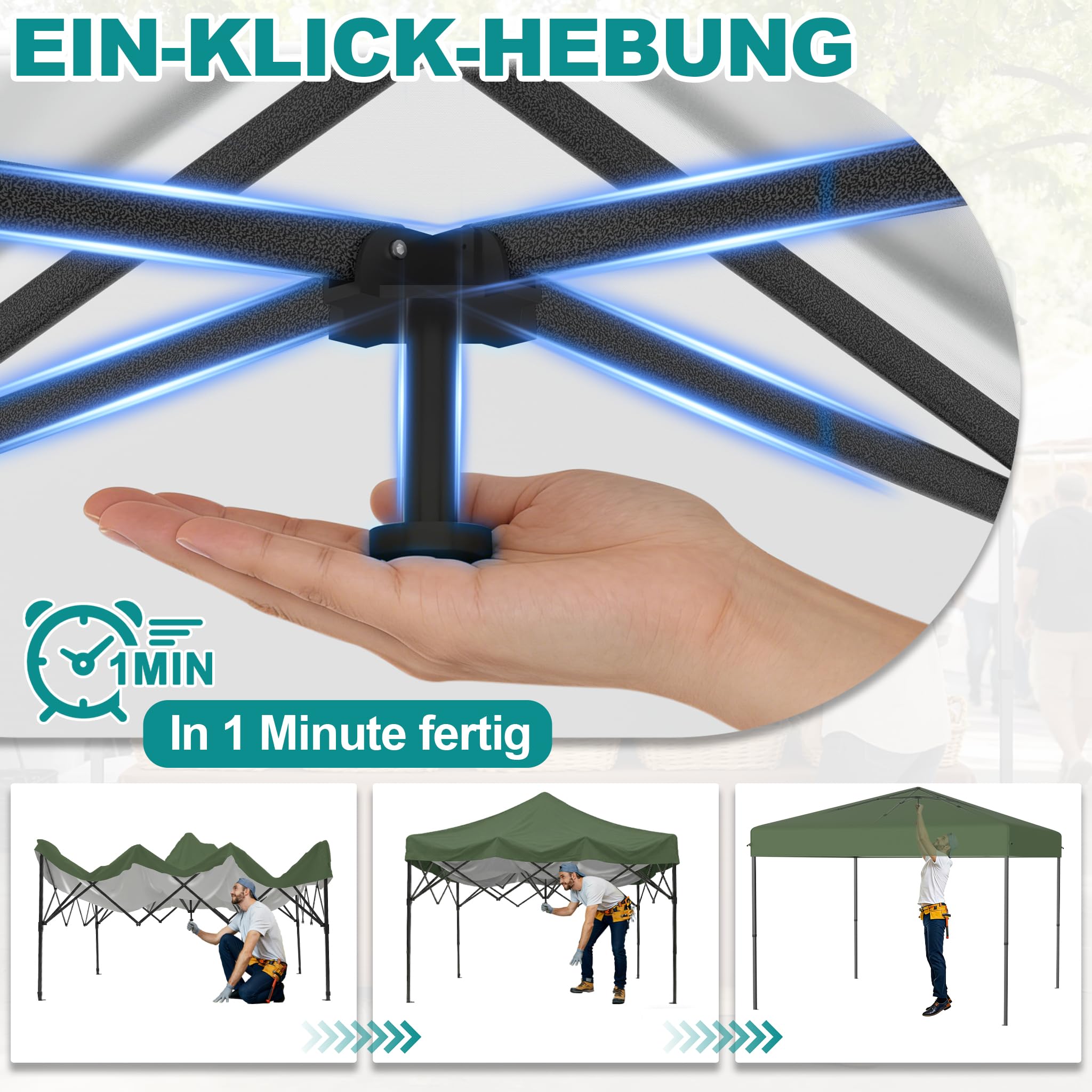 ACXIN Gazebo 2,5 x 2,5 m tenda pop-up pieghevole con 3 livelli di altezza regolabile, tenda per feste con tetto argento-Oxford, gazebo da giardino con corde picchetti e borsa per il trasporto (verde