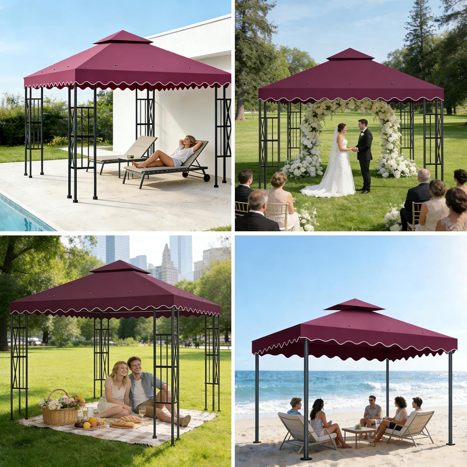 10'X10' Gazebo Canopy Top Replacement Double Tier Canopy Replacement Top Cover with Air Vent Grill Top Roof for Outdoor Shop Garden Yard Pavilion Cover Sunshade Red