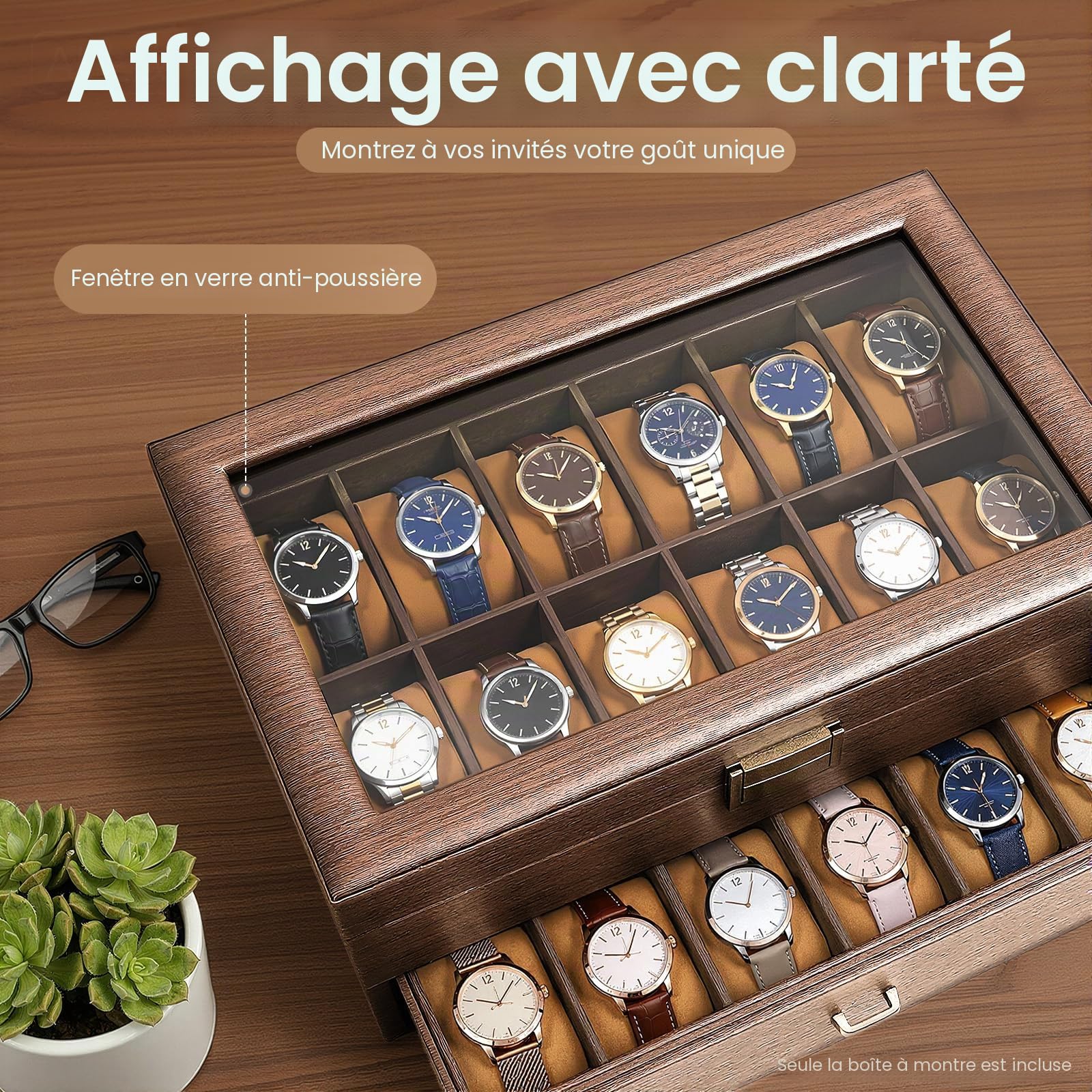Boite a Montre 24 Compartiments Coffret Montre Rangement Vitrine