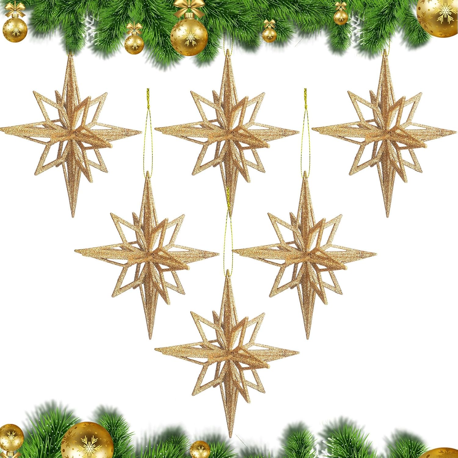 Soulchen 6 Pcs Gold Christmas Bethlehem Star Ornaments - 7.5'' Glitter Moravian Star for Christmas Tree Vintage Ornament for Xmas Tree Garland Holiday Party Decorations Gold 6