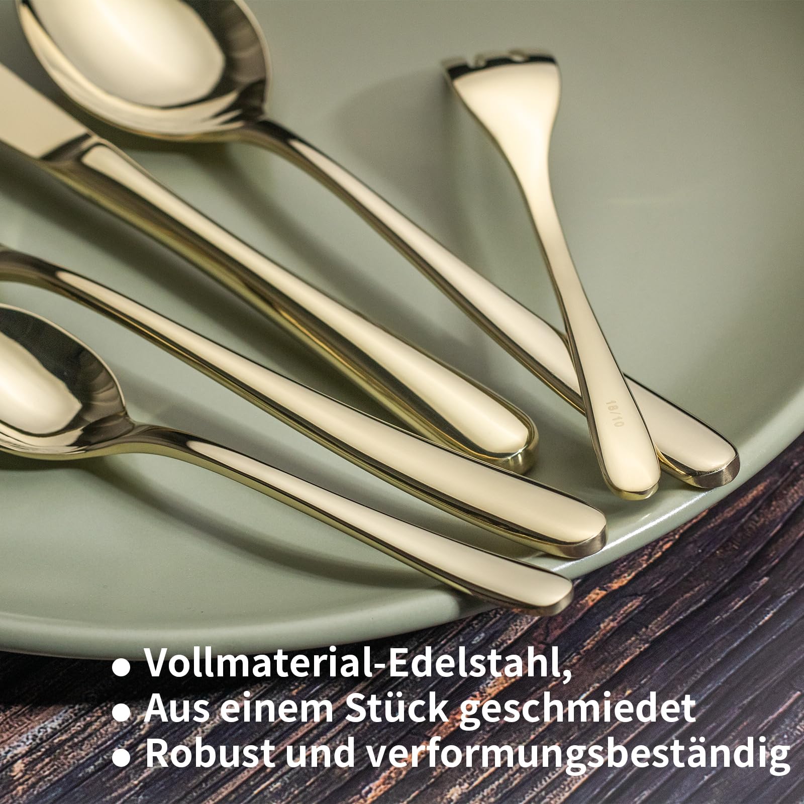 Alata Vienna 18/10 Edelstahl Poliert, Besteck Set 6 Personen Champagner Gold, Essbesteck 30 teilig, Glänzend, Spülmaschinenfest