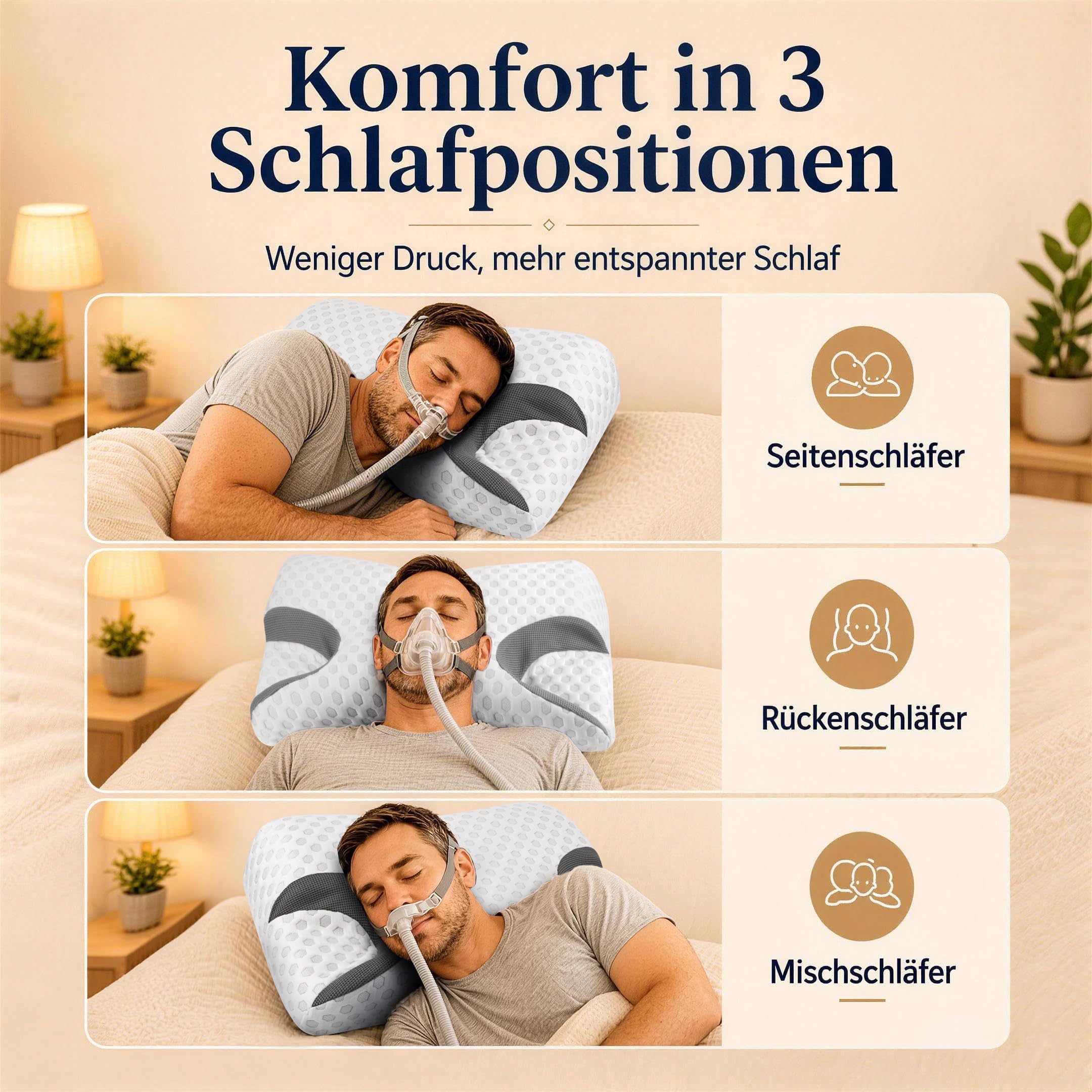 Cuscino CPAP per chi dorme sul fianco riduce le prese d'aria e la pressione della maschera. Cuscino in memory foam adatto per apnea notturna e utenti di maschere CPAP – Cuscino cervicale per