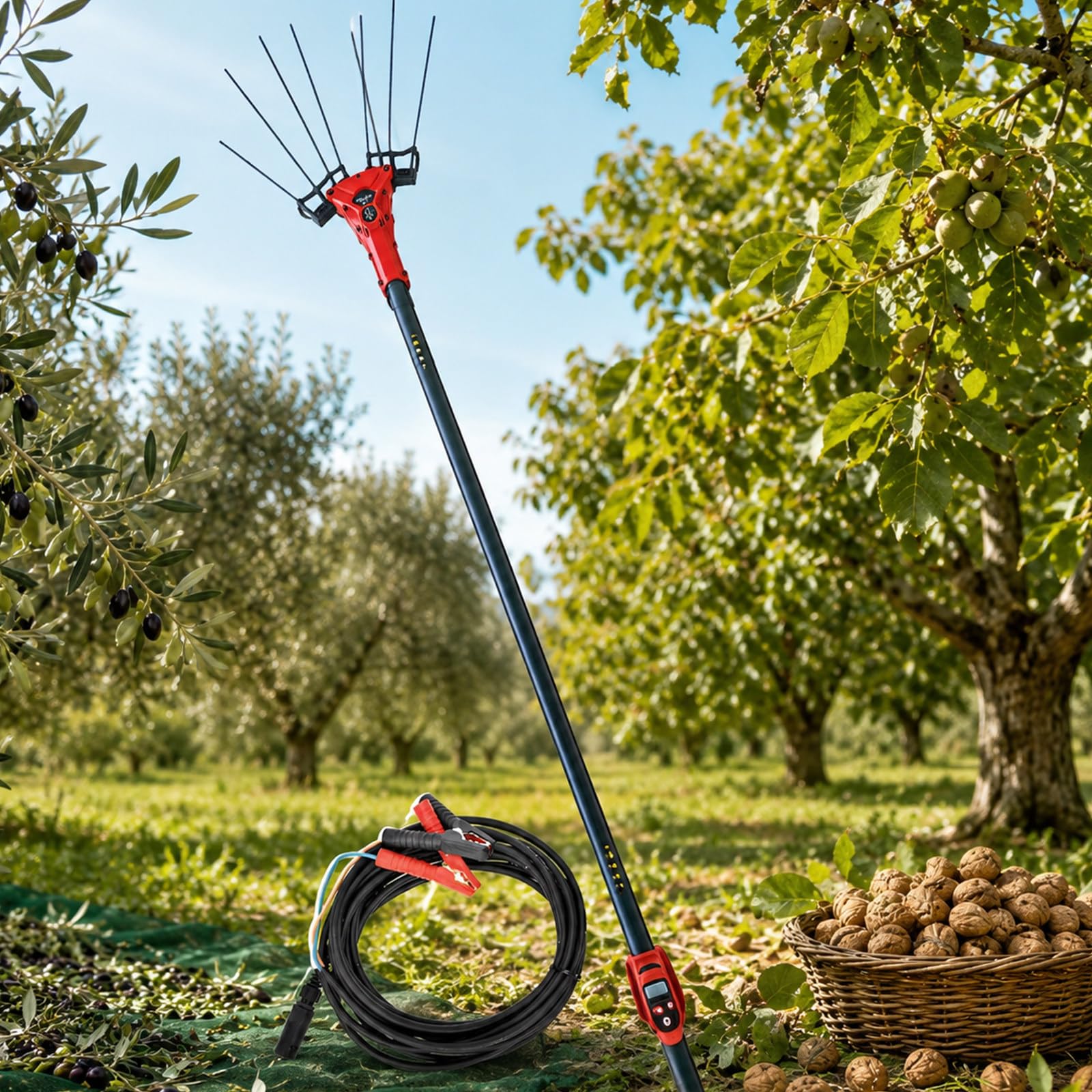 Recogedor De Fruta Eléctrico, Vareador De Aceitunas con Pantalla LED, Ajuste 6 Velocidades, Cable 10m Y Pértiga Telescópica 175-270 cm para Huertos, Jardines Y Fincas 250W-ToolOnly