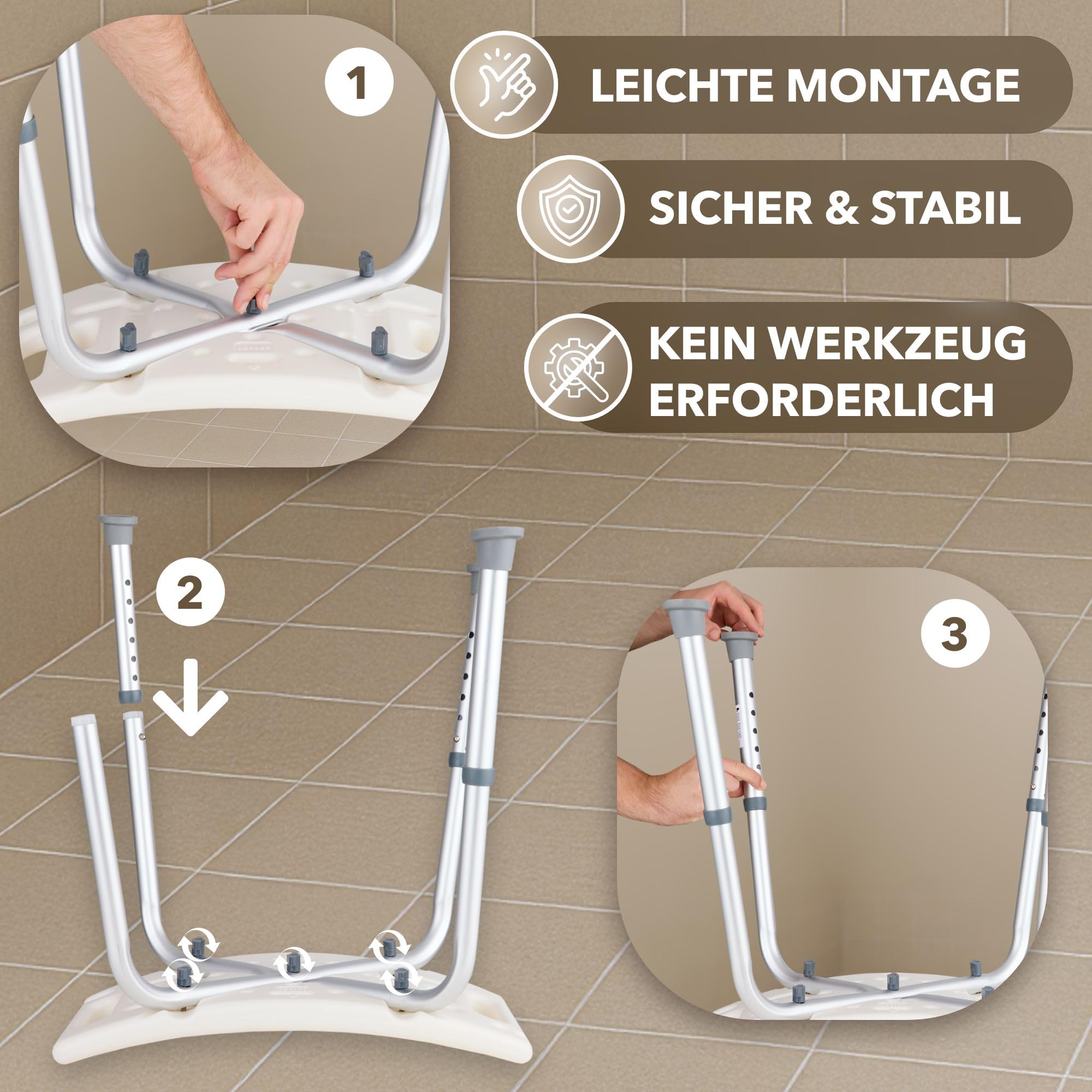 Arebos Duschhocker | Höhenverstellbar | Aluminium-Rahmen | Anti-Rutsch-Gummifüße | Sitzfläche mit Sicherheitsgriffen | Duschhilfe | Duschstuhl | Duschsitz | Badhocker | Badewaannensitz | für Senioren