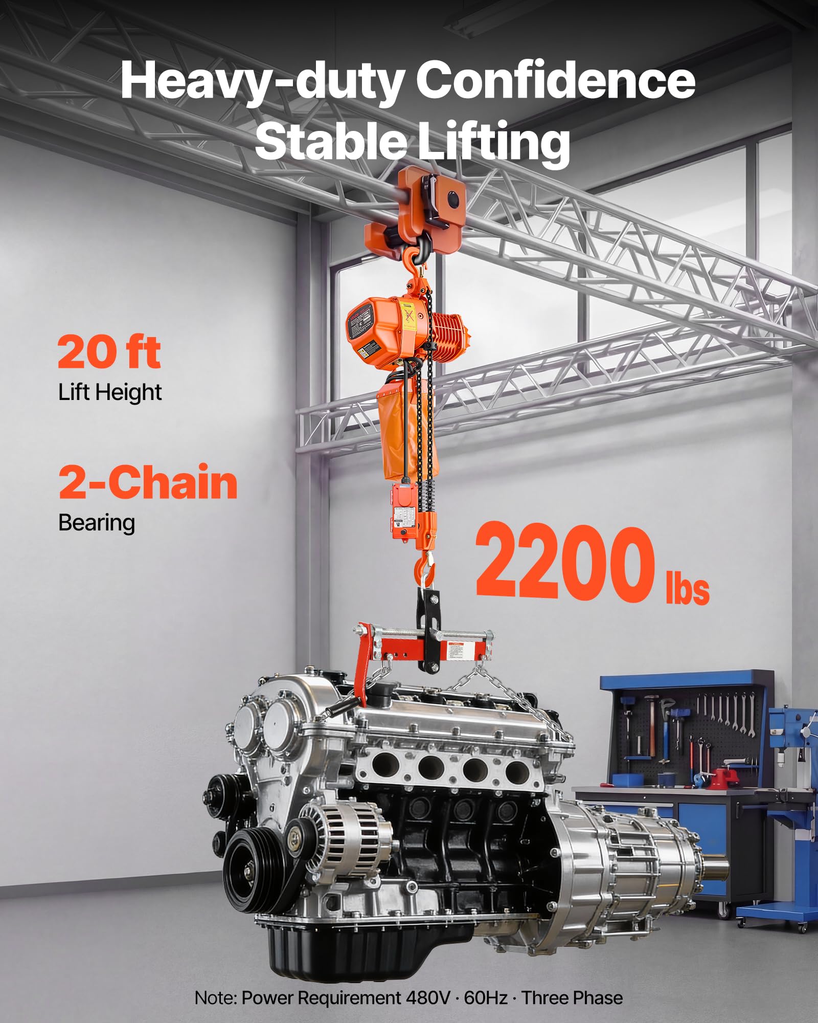 VEVOR Elektrischer Kettenzug 1000 kg 6 m Hubhöhe 3-Phasen-Brückenkran G80-Doppelkette Funk- & Kabelfernbedienung