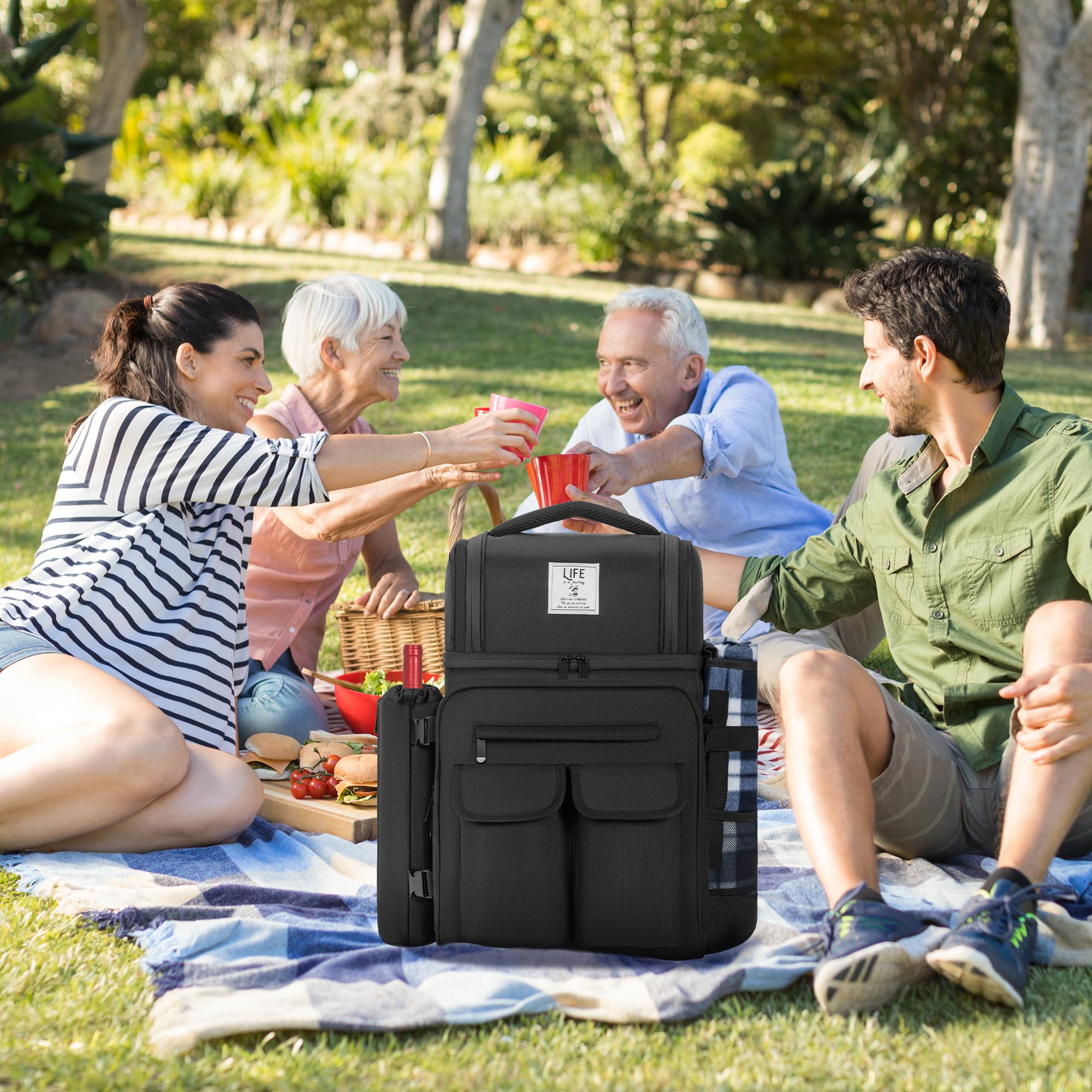OUUTMEE 30L Sac à Dos de Pique-Nique pour 2 Personnes avec 2 Compartiments Réfrigérants Isolés et Étanches, Sac de Pique-Nique avec Vaisselle et Couverture, pour Plage, Camping, Randonnée (Noir)