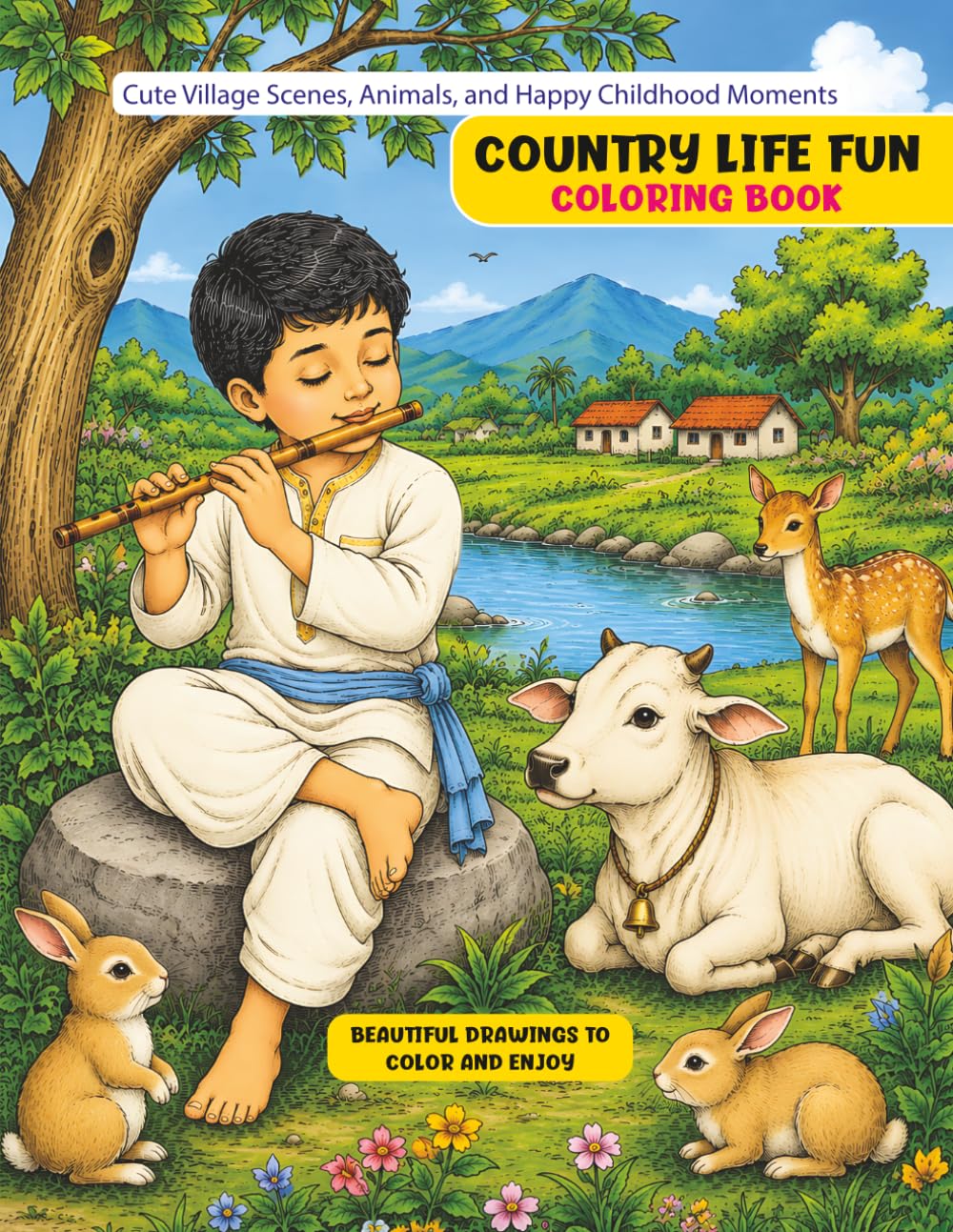 Country Life Fun Coloring Book: Cute Village Scenes, Animals, and Happy Childhood Moments Coloring Pages for Adults