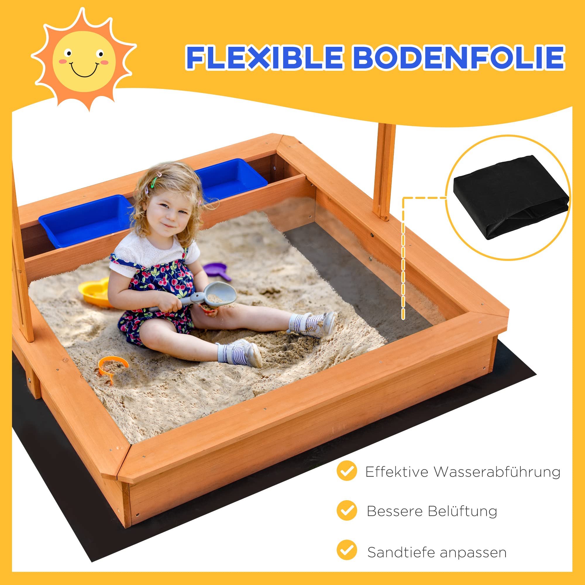 Outsunny Sandkasten 107,5 x 107,5 cm Mit Höhenverstellbarer Abdeckung | Kinder Sandbox, Sandkiste Aus Holz, Für Kinder 3-7 Jahre, Garten Terrasse Balkon