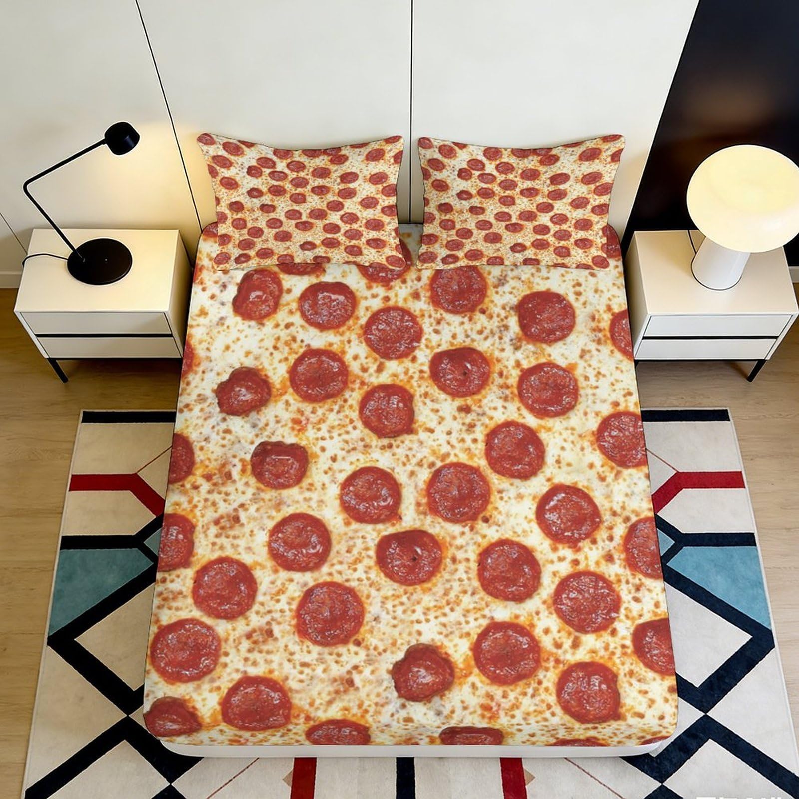 3D Printed Pepperoni Pizza Fitted Sheet Microfiber Soft Breathable Pepperoni Pizza Bed Cover for Bedroom Dormitory Guest Room Mattress Protection Decor 90x200x25cm