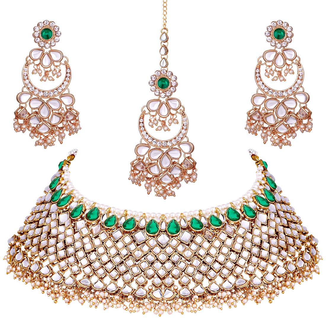 Peora Green Gold Plated Indian Traditional Polki Look Kundan Bridal Necklace Earring Set with Maang Tikka for Women (B07VR49X4W) Amazon Price History, Amazon Price Tracker