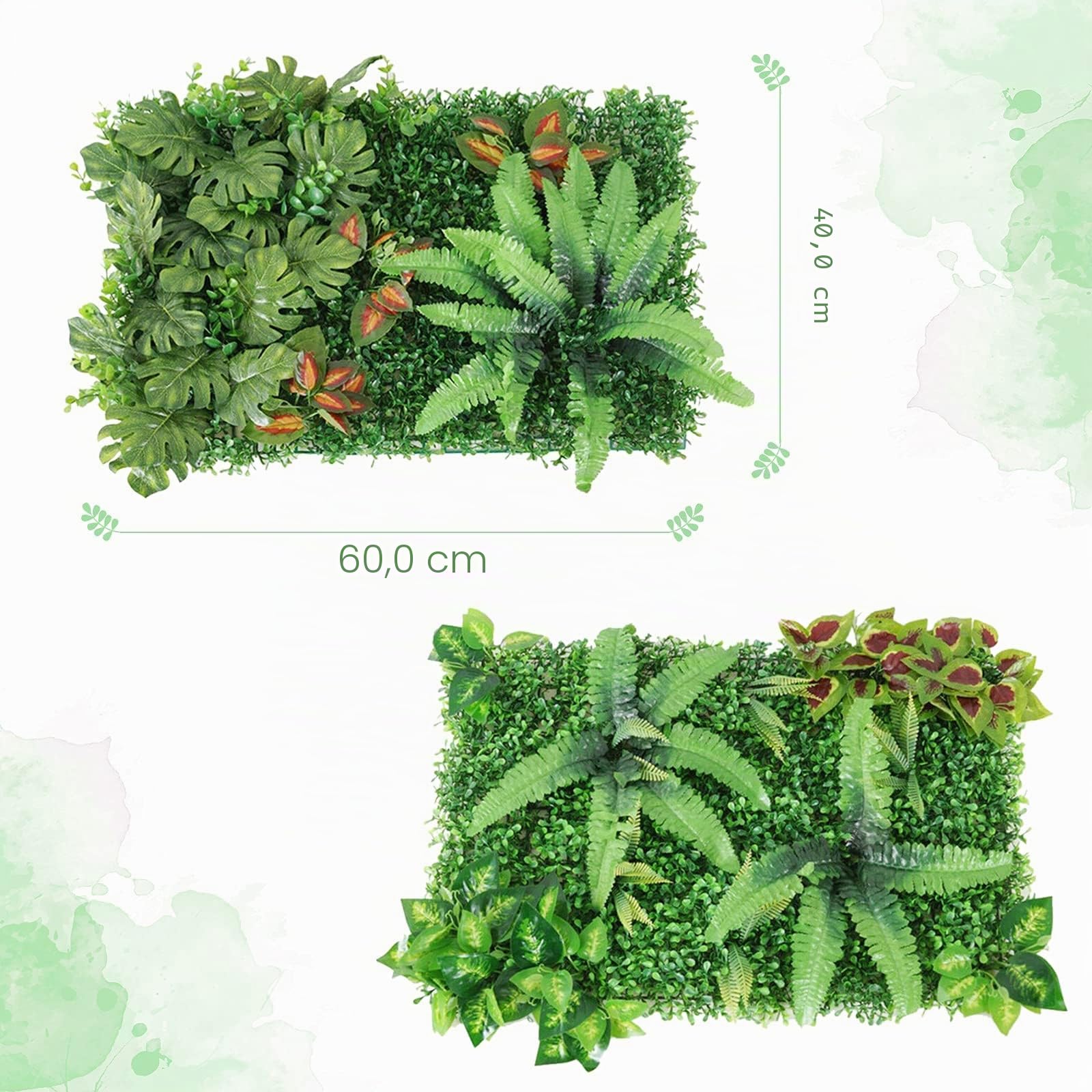 Pannelli da Parete per Piante Artificiali 60 x 40 cm, 2 Pezzi Finti Piatti per Piante con Foglie, Realistica Piante Decorazioni per Interni, Esterni, Pareti, Balconi, Giardini, Matrimoni
