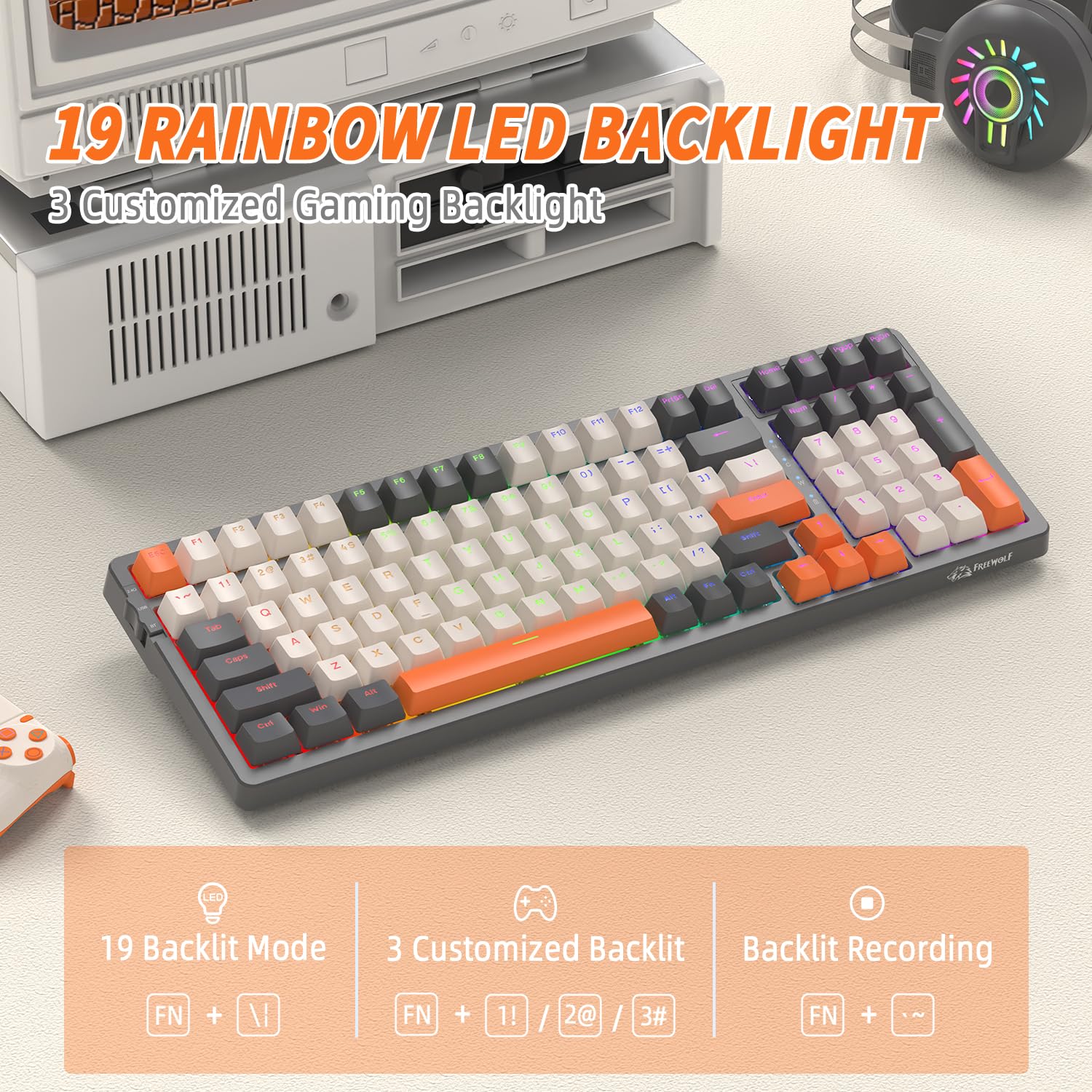 FREEWOLF K8 Tastiera da Gioco Meccanica Wireless Hot Swap, Tastiera Cablata Backlit RGB Interruttore Blu, Bluetooth/2.4Ghz/USB-C Batteria da 4000 mAh per Mac/Win-Grigio/Arancione
