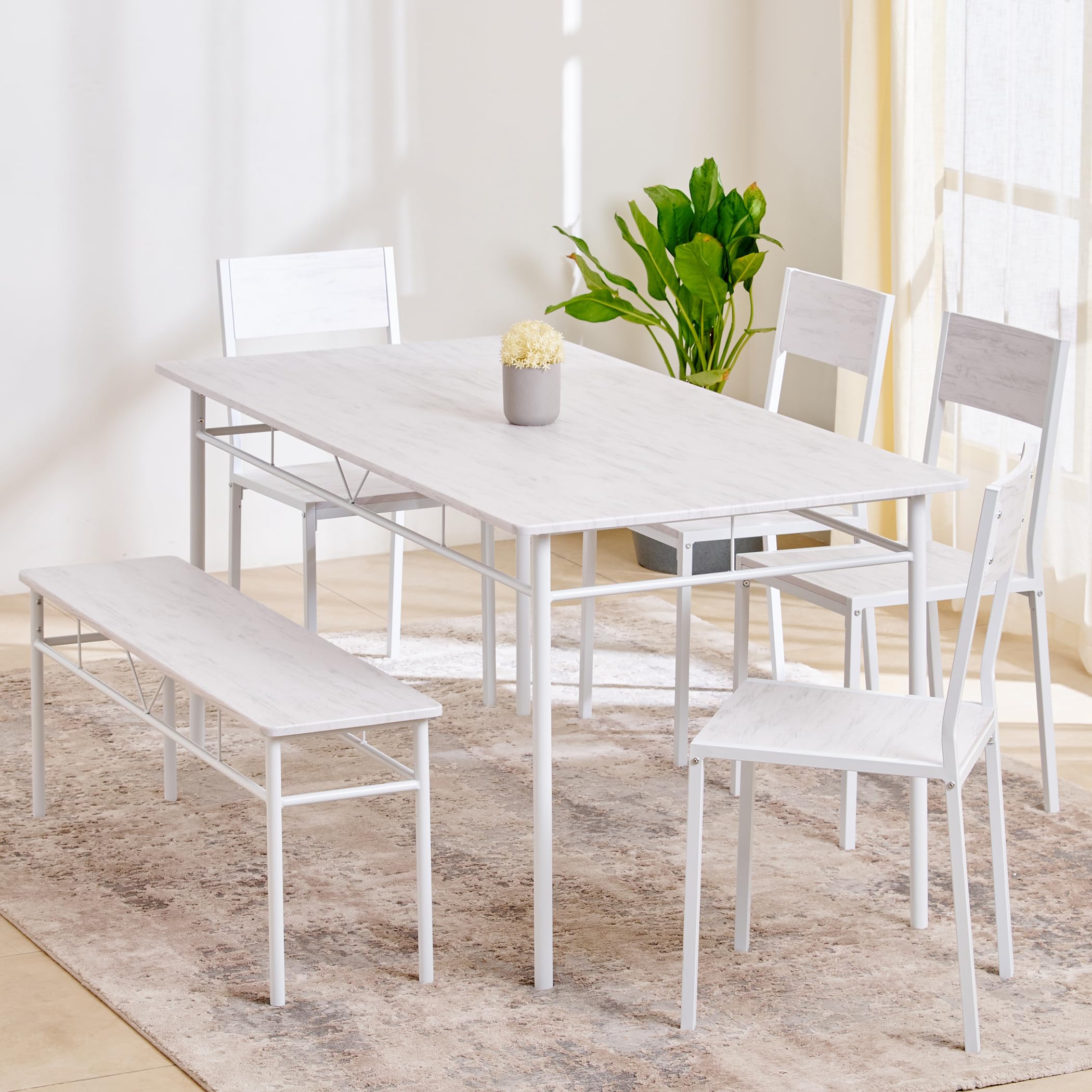 Home Centre 6 Seater Lia Rubber Wood Dining Set | Rubber Wood Dining Table with 4 Cushion Chair and 1 Cushion Bench | (Brown) | 1 Year Warranty