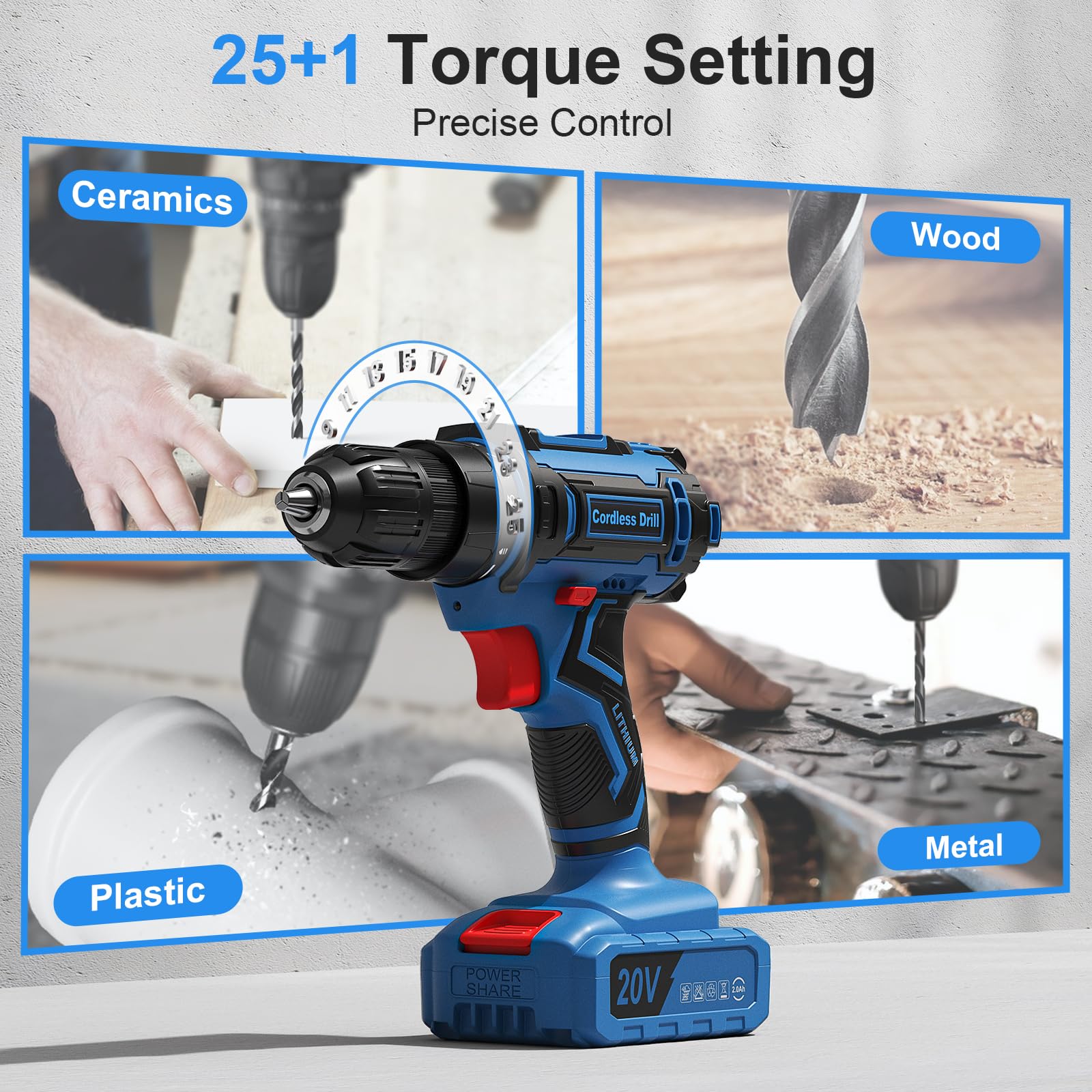 Set de perceuse sans fil, VIWKO perceuse électrique 20V avec bloc d'alimentation 2.0Ah et chargeur, mandrin sans clé de 9,5 mm, couple 25+1, 42 pièces de forets/vis pour projets DIY (Bleu)