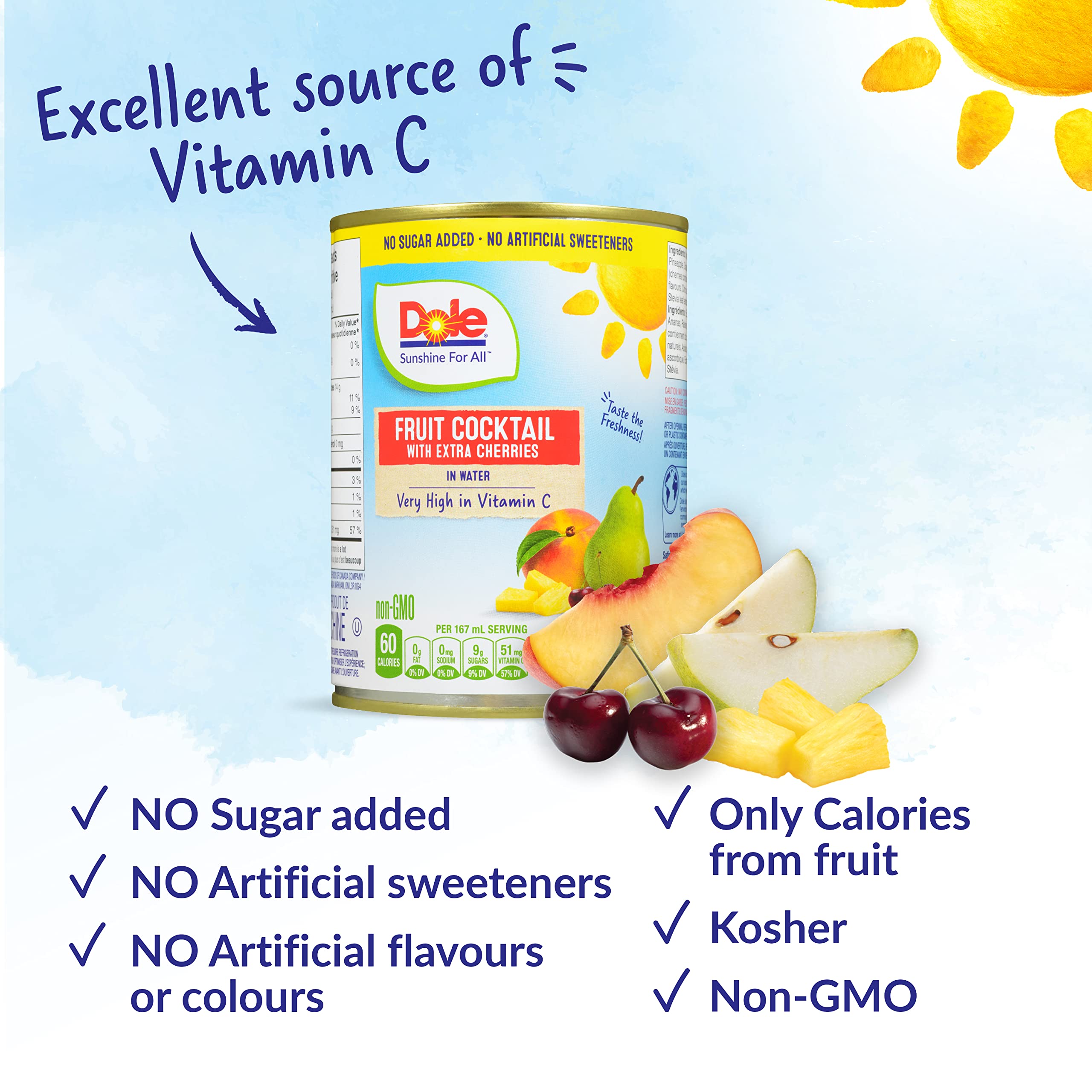 Dole Canned Fruit, Fruit Cocktail with Cherries in Water, Non-GMO, No Sugar Added, & No Artificial Sweeteners, 540 ml, 12 Count - 5