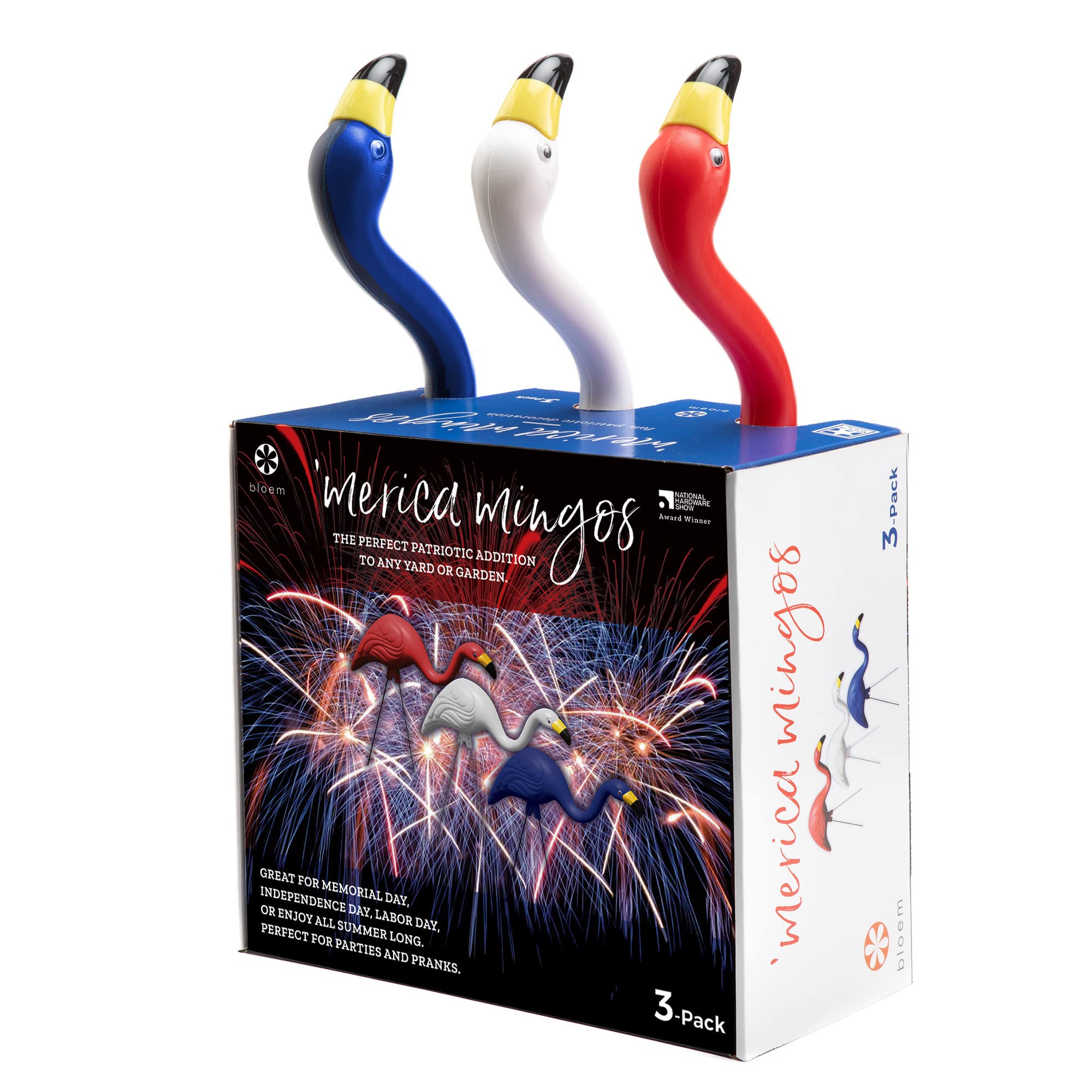 Bloem 'Merica 'Mingos Red White & Blue Flamingo Yard Stakes: 3 Pieces, Google Eyes, Galvinized Steel Legs, Durable Weatherproof Resin, for Indoor or Outdoor Use, Yard Decoration