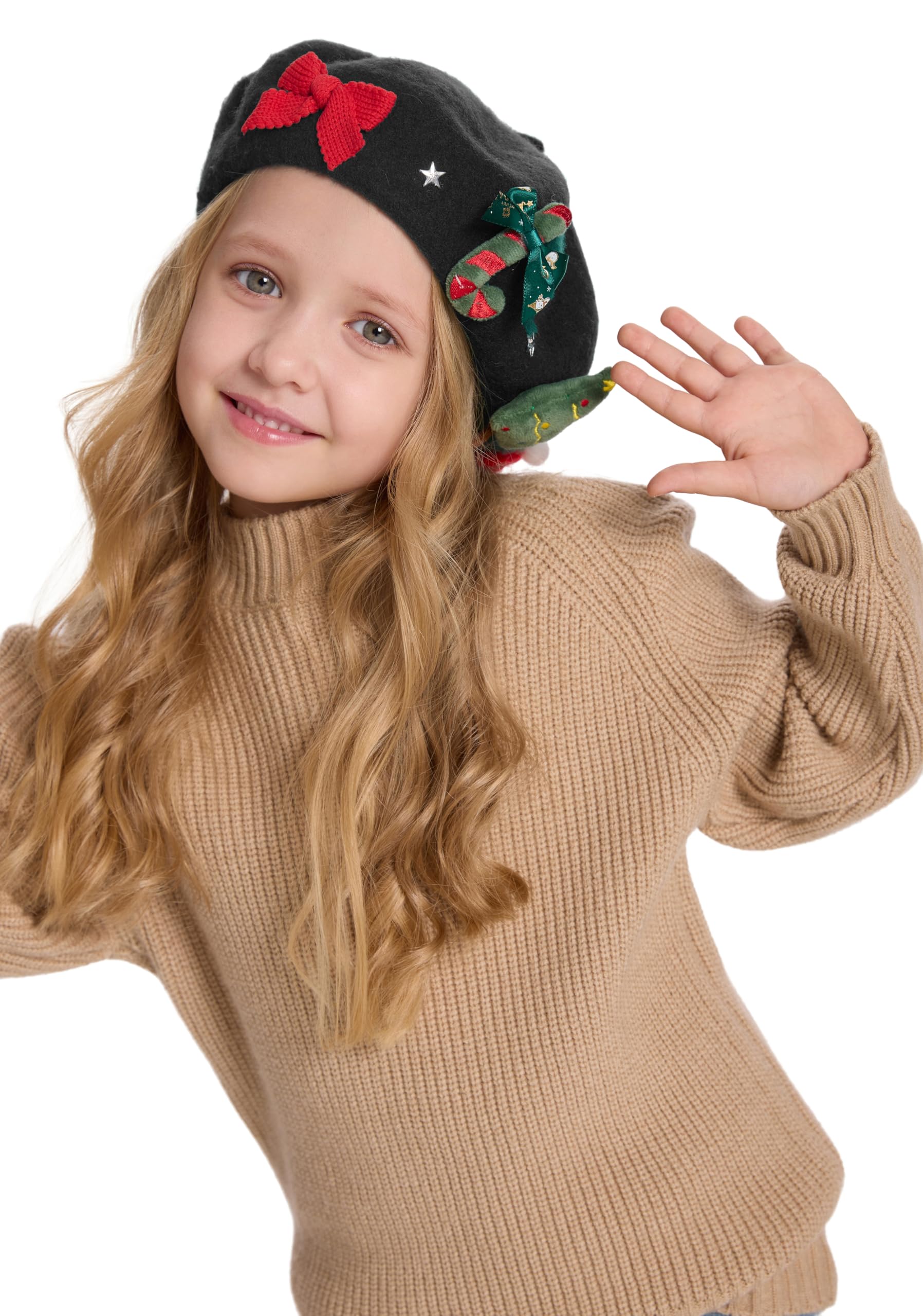 ZLYC Wool Kids Beret Hat Girls Solid Color Artist French Beret Cap(Christmas Tree Black),One Size - Image 3