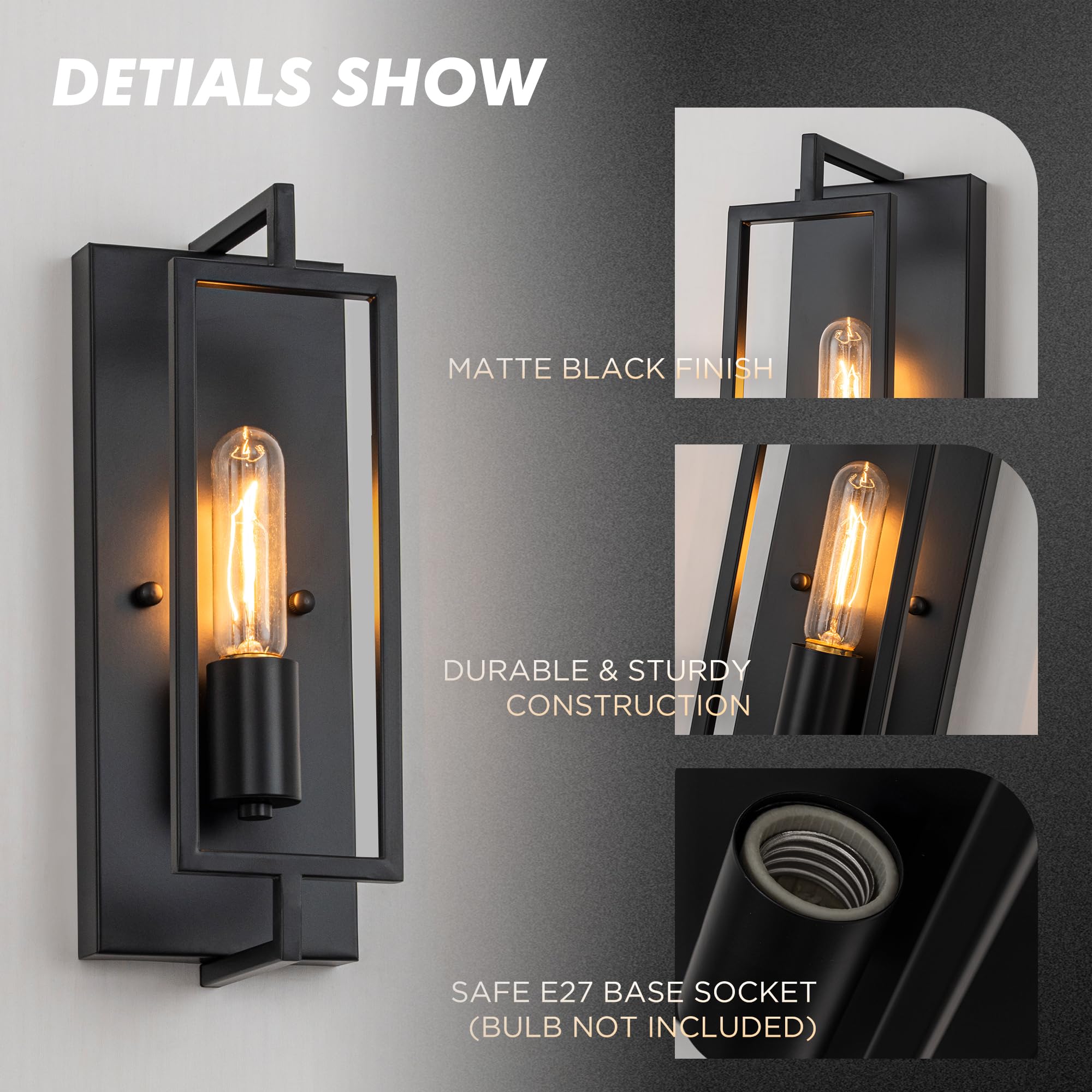 FTL 2 Stück Wandleuchte für Innen Industrial, Wandlampe Innen aus Metall, Schwarz Wandbeleuchtung Wohnzimmer E27, Vintage 1 Flammige Flurlampe Innen, LED Retro Bettlampe für Schlafzimmer