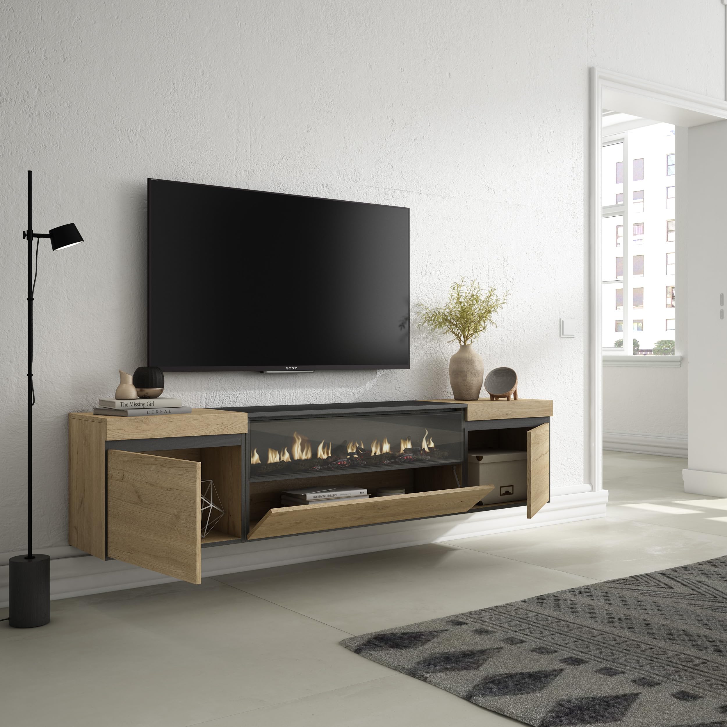 Skraut Home | Mueble TV | Televisión | Muebles de salón, almacenaje | 200x45x35cm | para TV hasta 80" | Chimenea eléctrica | Colgado, Suspendido | Estilo Moderno | Roble y Negro