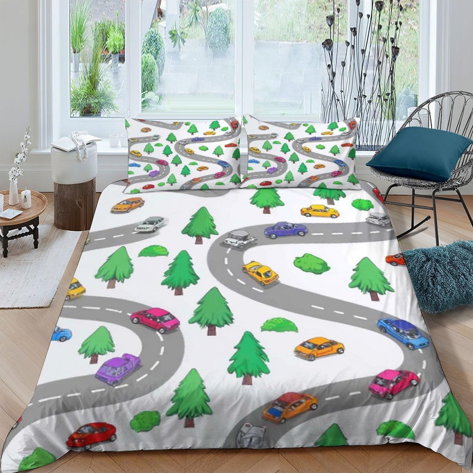 Ctjqhvkz Style-6 3D Printed Car Road Map Fitted Sheet Microfiber Soft Non-Slip Forest Track Mattress Cover For Bedroom Dorm Decor Single（135X200cm）