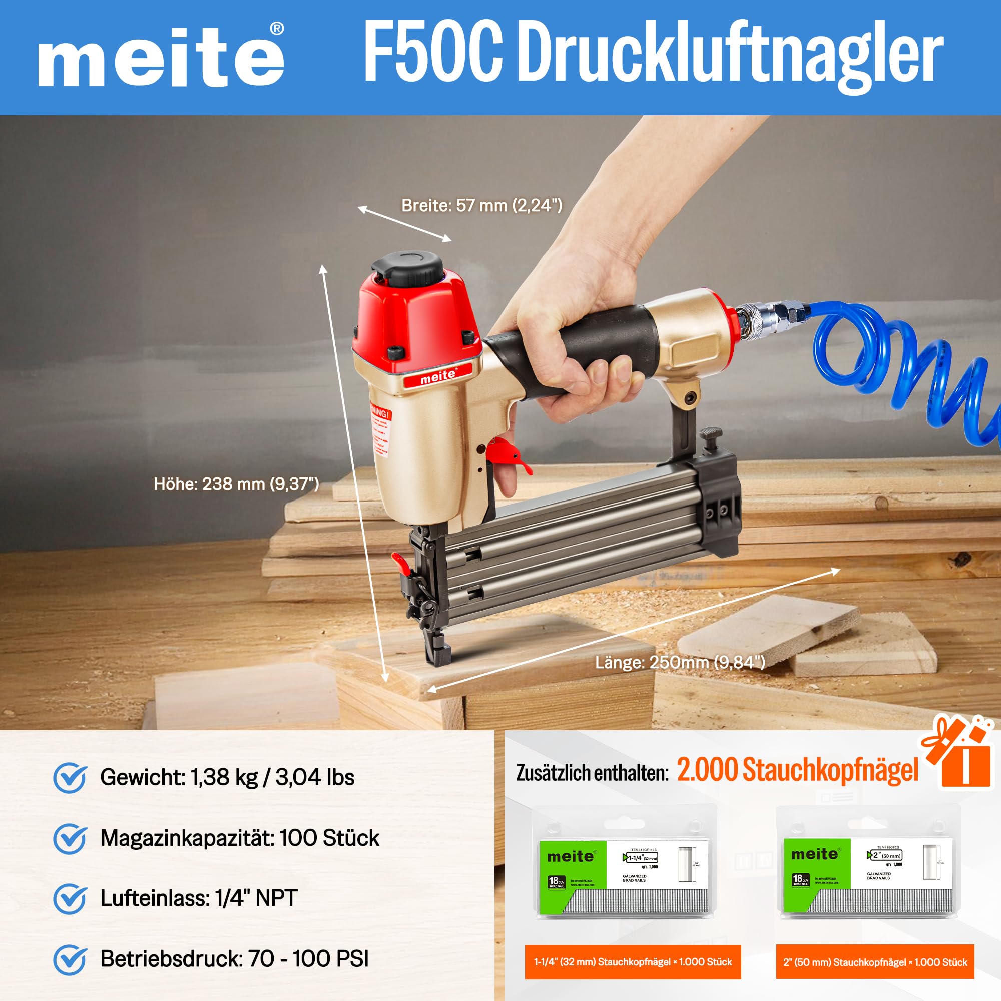 meite F50C Chiodatrice ad Aria con 2000PCS Chiodi Brad (32mm, 50mm Ogni Dimensione 1000PCS), Chiodatrice Pneumatica Calibro 18 Chiodi Brad per Lavori di Finitura, Spara Chiodi Brad Calibro 18 da 15 mm
