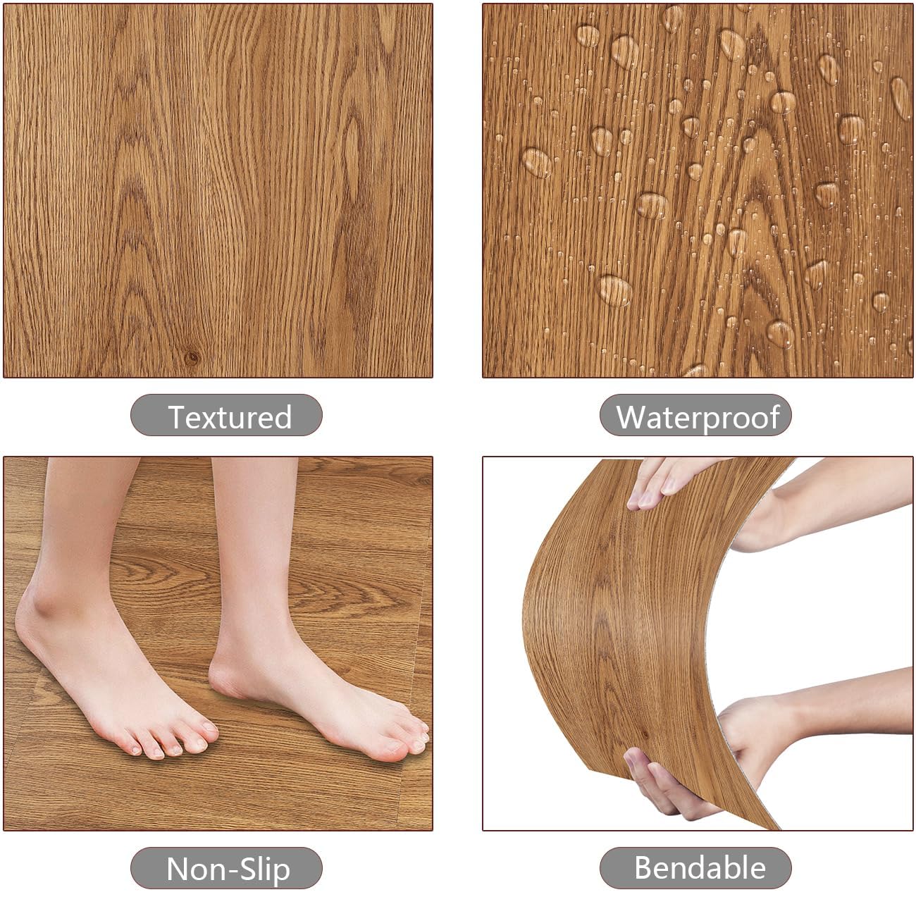 Yenhome Revêtement de sol en vinyle imperméable 30,5 x 30,5 cm – Carreaux de sol autocollants temporaires pour locataire, bois marron, résistant aux rayures