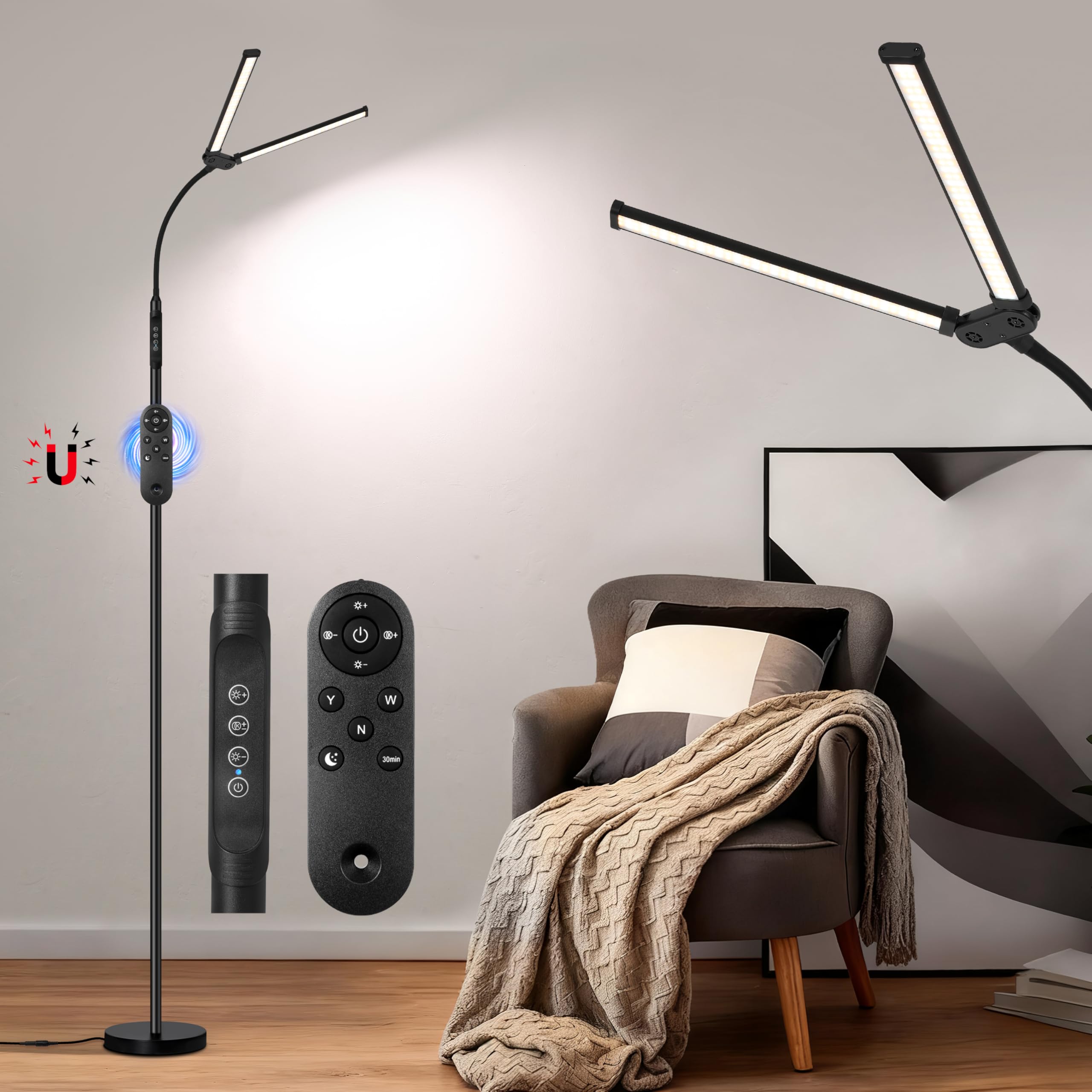 Doppelkopf LED Stehlampe 18W, 3 Farbtemperaturen 10 Helligkeitsstufen, Magnet-Fernbedienung, verstellbarer Schwanenhals, integrierte Kabel, USB-Augenschutzlampe für Wohnzimmer und Büro