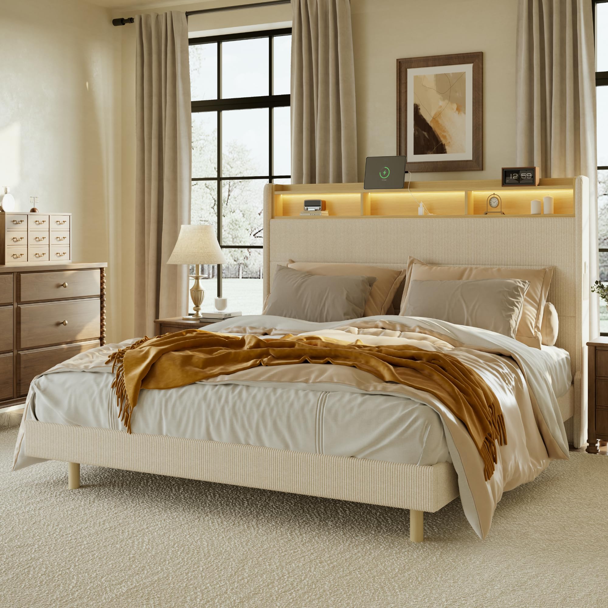 FLEXISPOT King Platform Bed Frame with 51" Tall Upholstered Corduroy Headboard, Two-Tier Storage Shelves, LED Light & Charging Station, Remote Pocket,