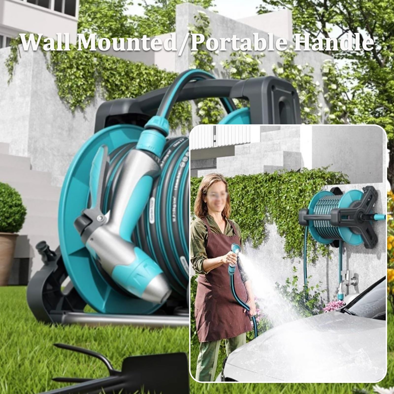 Carrete de manguera de montaje en pared con manguera de 1040 m, boquilla de pulverización portátil y accesorios, sistema de riego que ahorra espacio para uso doméstico y jardinería