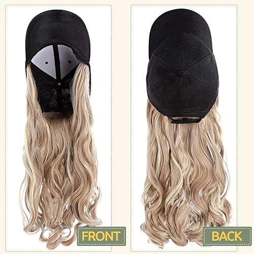 Miniatura 4 de S-noilite Gorra de béisbol de 16 pulgadas con cabello, gorra de béisbol con cabello adjunto, peluca rizada ondulada con extensiones de cabello,