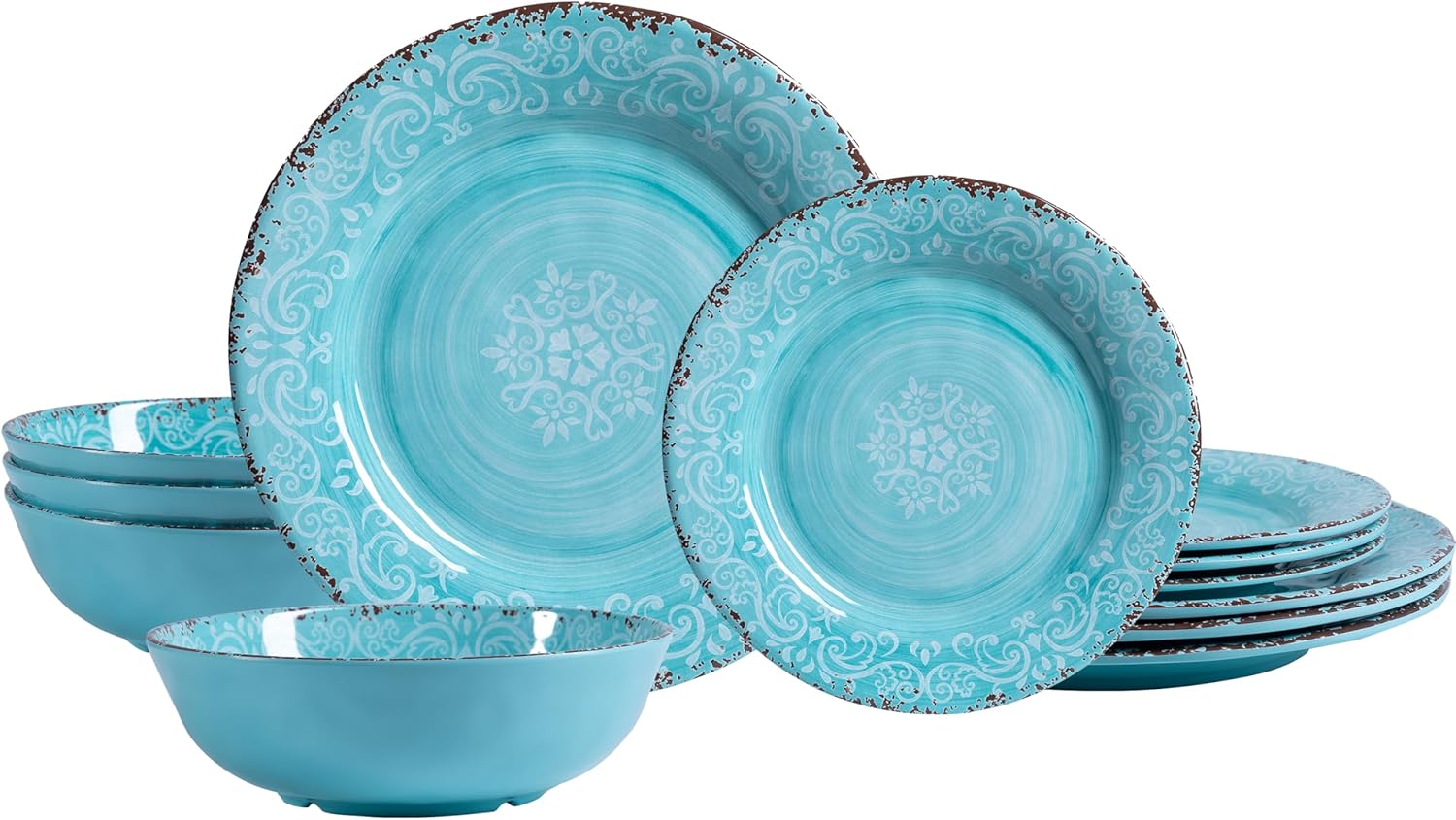 12-Piece Farmhouse Dinnerware Set, set of 4, 100% Melamine Dishes Serving Set with Plates and Bowls, Non-breakable and Lightweight Dinner Set for indoor and outdoor entertaining, Light Teal