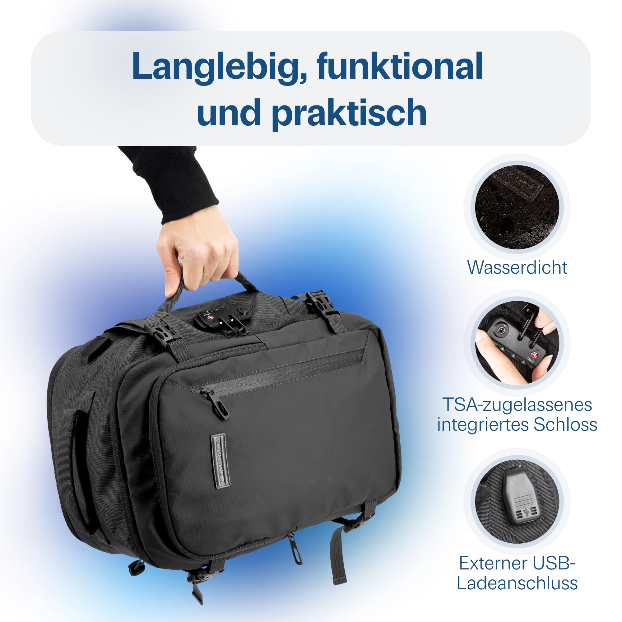 BidMamba Handgepäck Rucksack mit TSA Schloss für Ryanair 40x20x25, wasserdichter Reiserucksack Damen Herren, Flugzeug Handgepäck mit Laptopfach, praktischer Travel Rucksack für Reisen und Alltag