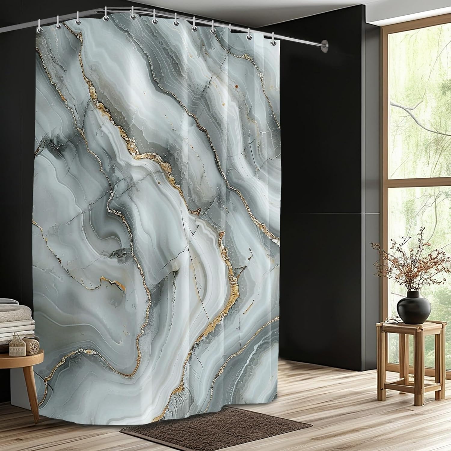Gray Marble Shower Curtain for Bathroom 31X71in/80x180cm Modern Abstract Luxury Texture Golden Striped Decorative Aesthetic Bathroom Curtain, Washable Waterproof Polyester for Home Hotel