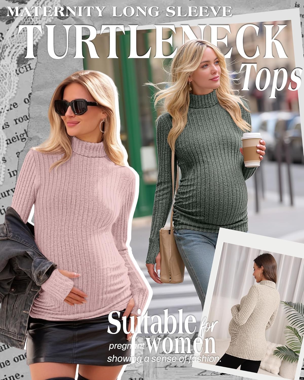 3 Pack Maternity T-Shirts Pregnancy Tops Women Sweater Long Sleeve Turtleneck Ribbed Finger Sleeve Outfits - Image 3