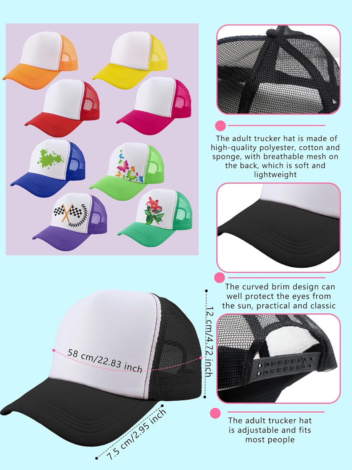 16 Pack Adult Sublimation Trucker Hats DIY Blank Baseball Cap Summer Trucker Caps Bulk