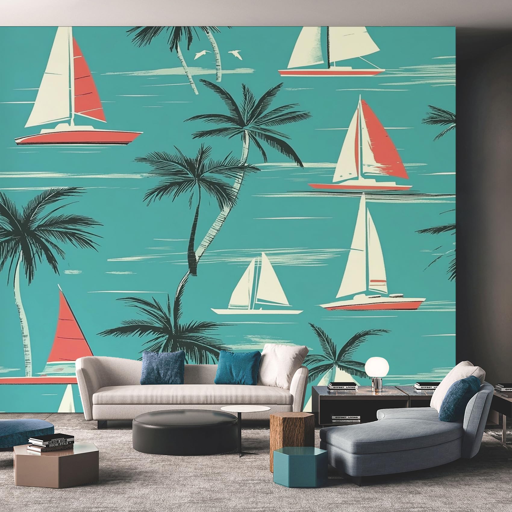 Nautical Sailboat Wallpaper, Palm Coastal Wallpaper for Living Room, Bedroom, Non-Woven Decor Wall Paper, Photo Mural Dining Room, Hallway, Lounge, 100 X 70 cm aoDQE49