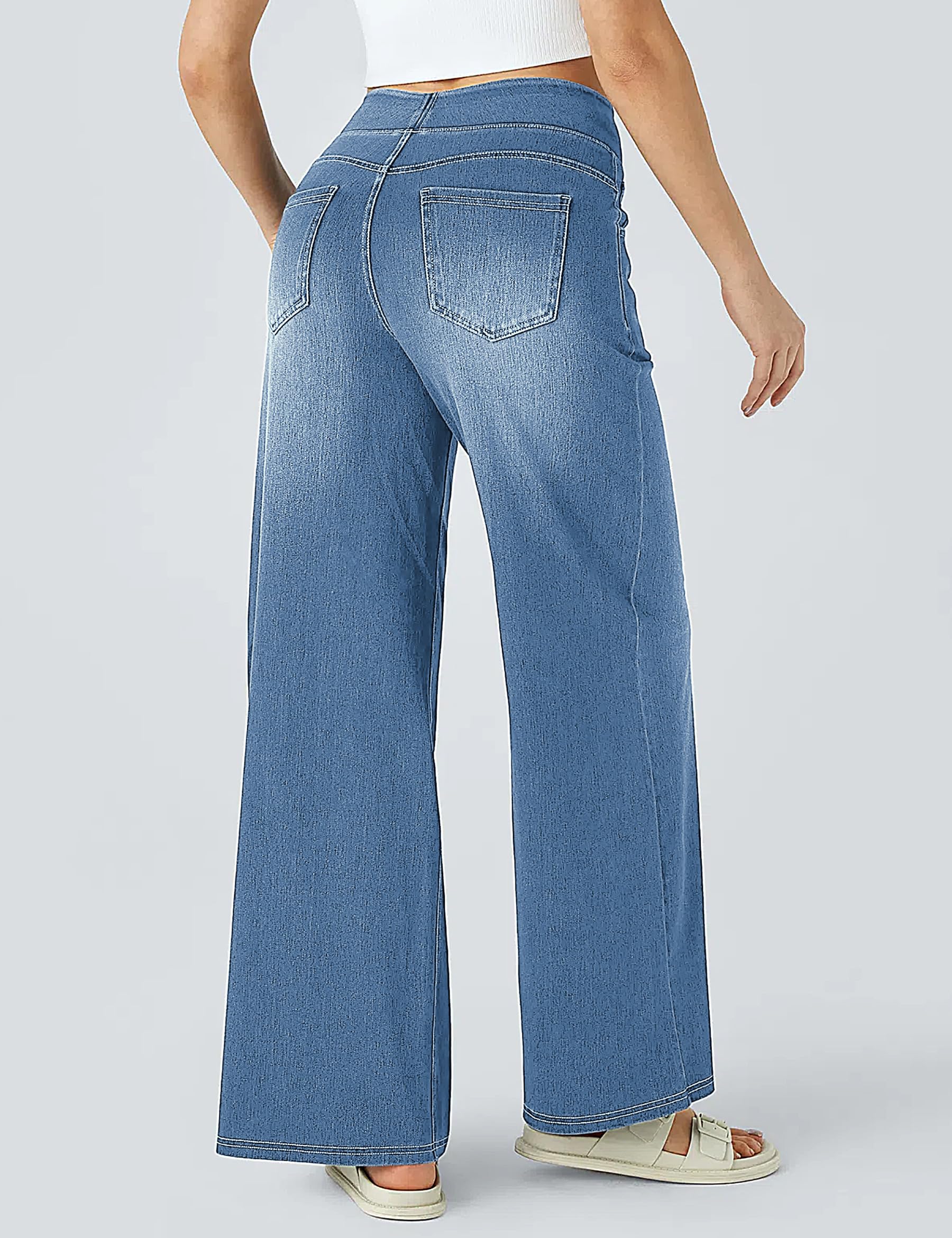 Pantalones Vaqueros Mujer Tiro Alto Pierna Ancha Jeans Elástico con Cintura Ajustable y Cordón,Pantalones Anchos Cómodos con Bolsillos para Diario, Oficina y Moda Casual
