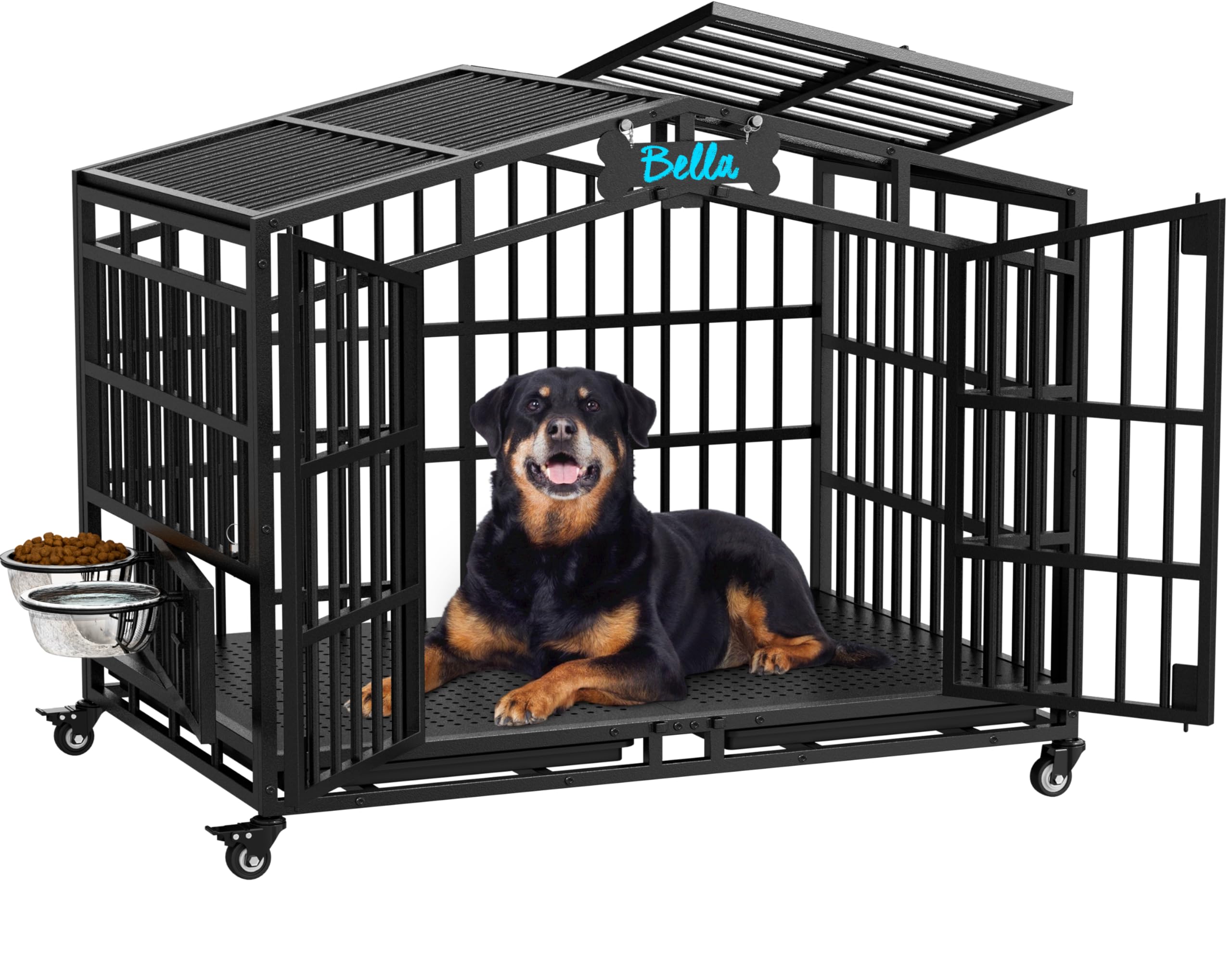 Muebles de jaula para perros grandes de 105 cm, de metal extragrueso, resistente, con 2 cuencos ajustables y etiqueta de nombre, parte superior abierta y ruedas con bloqueo, a prueba de