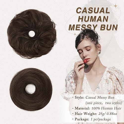 Miniatura 3 de RUWISS Extensiones de cabello humano real largo y fino, lacio, recogido, moño recogido, elegante, para mujer, 0.88 oz (marrón oscuro con un 15% de