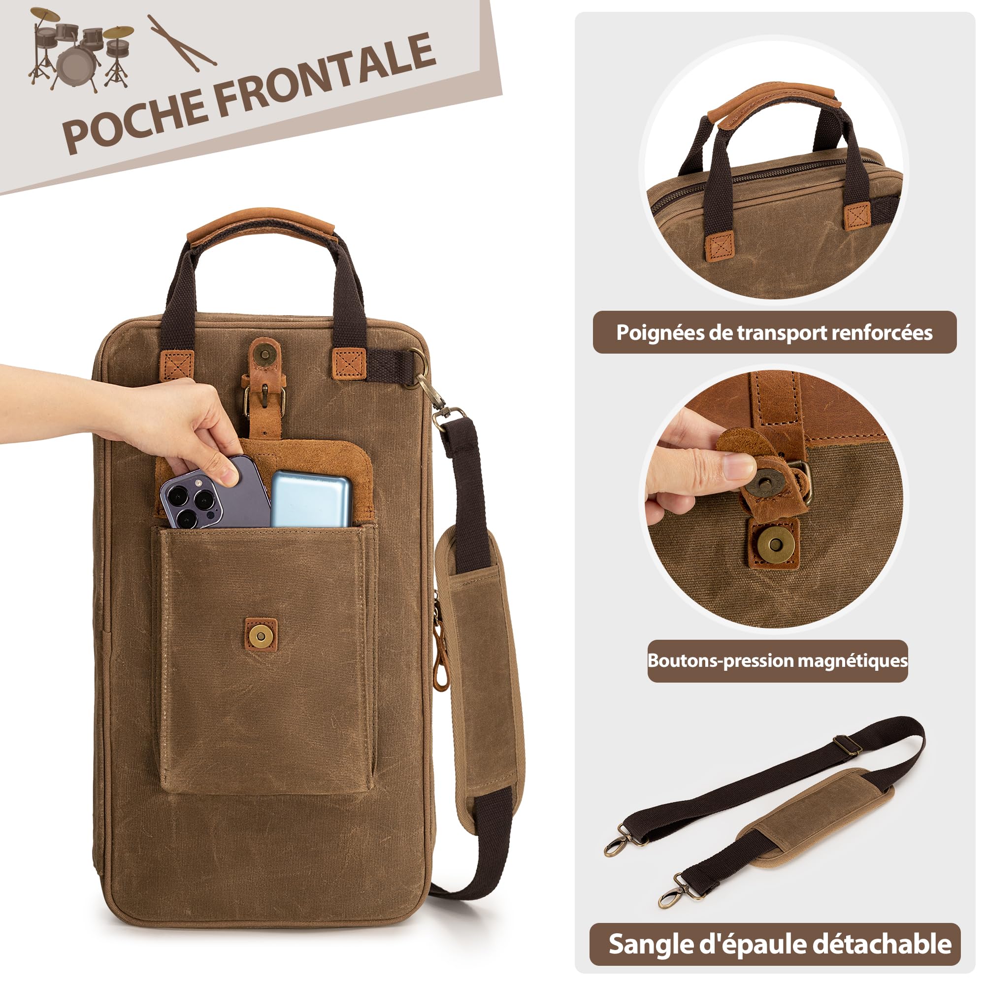 Damero Sac à Baguettes en Toile Cirée avec Bandoulière Amovible | Sac de Rangement pour Baguettes avec Poignée pour Batteurs, Groupes Débutants, Concerts