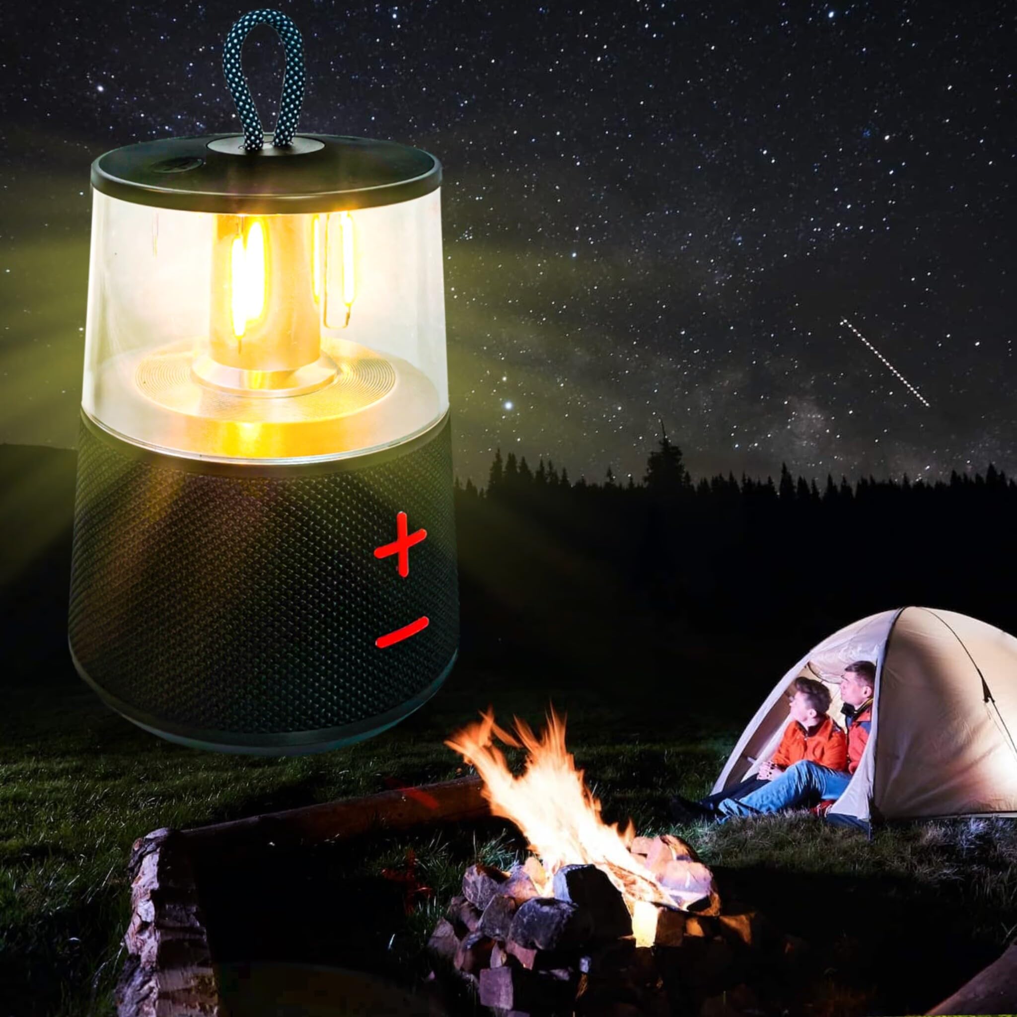 Lampe de Camping LED Rechargeable Portable avec Haut-parleur Bluetooth, Ampoule LED Vintage pour Tente, Lampe Vintage pour Table de Pub en Plein Air (Noir)