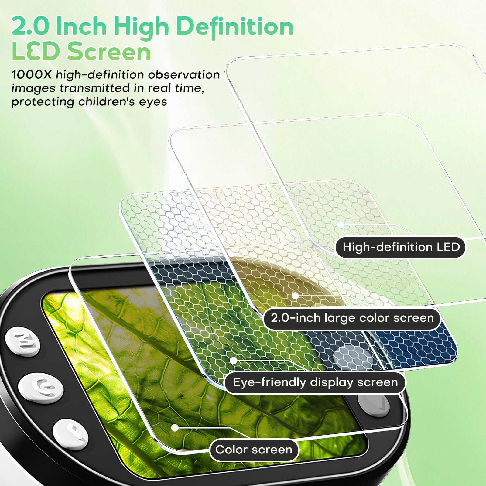 3 en 1 Microscopio Digital para Niños 1000X Portátil con Pantalla 2.0" 6 Luces LED Ajustables Incluye 14 Muestras Preparadas y Tarjeta de 32 GB Navidad y Cumpleaños