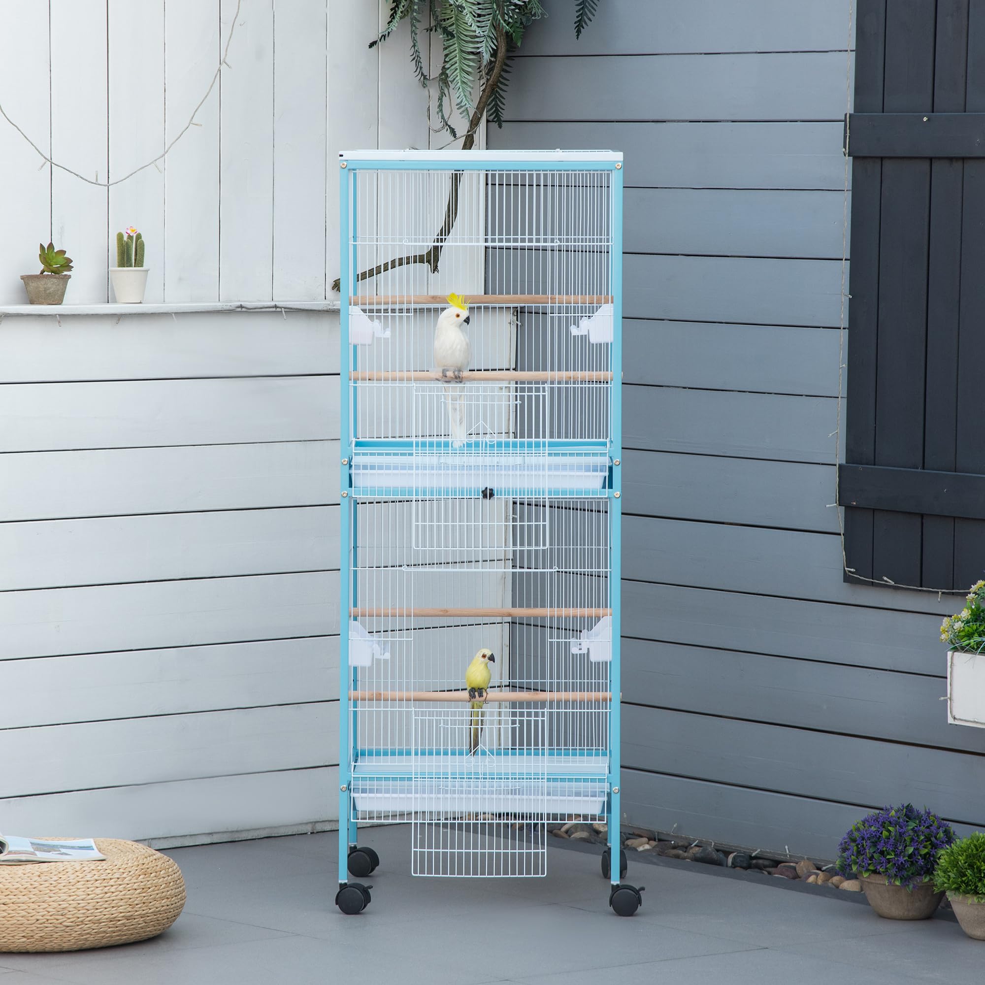 PawHut Jaula para Pájaros con Ruedas Jaula Grande de 2 Niveles Pajarera con Bandejas Extraíbles Puertas Comederos Perchas para Canarios Periquitos 51,5x50x140 cm Azul