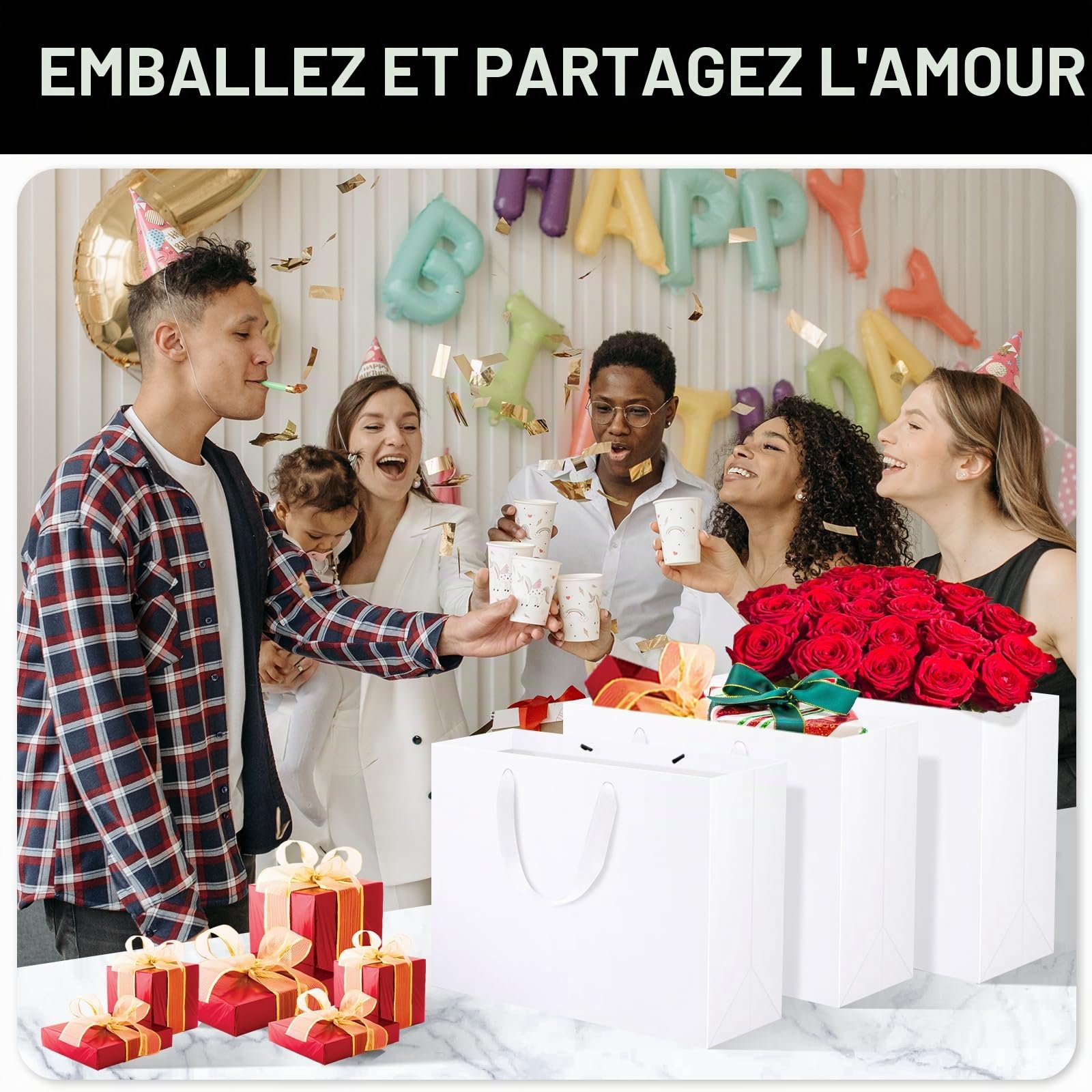 EUSOAR Sac en Papier Blanc, 20Pcs Sacs Kraft avec Poignées XL 40x30x15cm | Pochettes Cadeau Blanches, Gift Bags pour Anniversaire Homme Noël Mariage Emballage